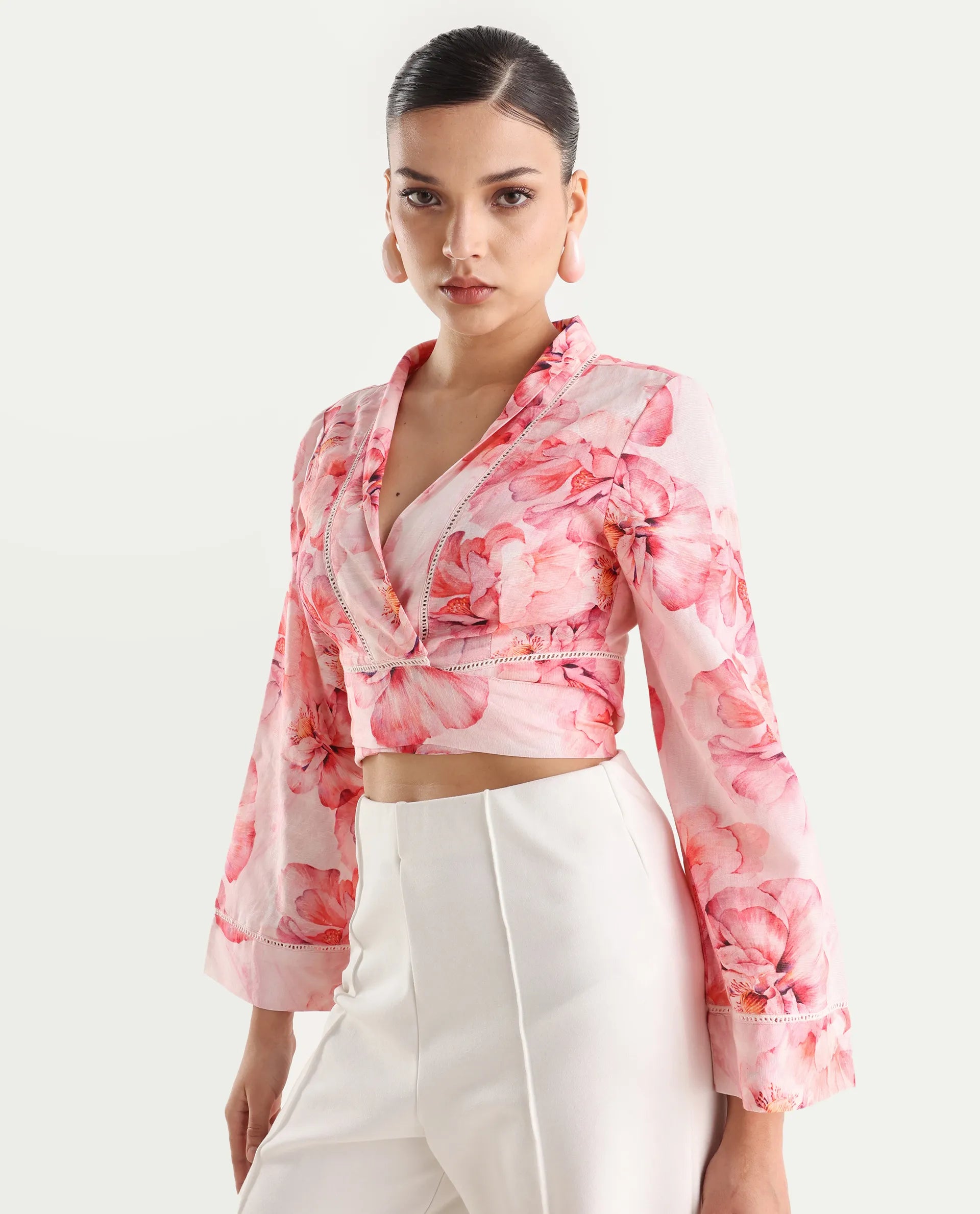 Rareism Women's Moral Pink Cotton Blend Shawl Collar Floral Print Bell Sleeve Crop Regular Fit Shrug