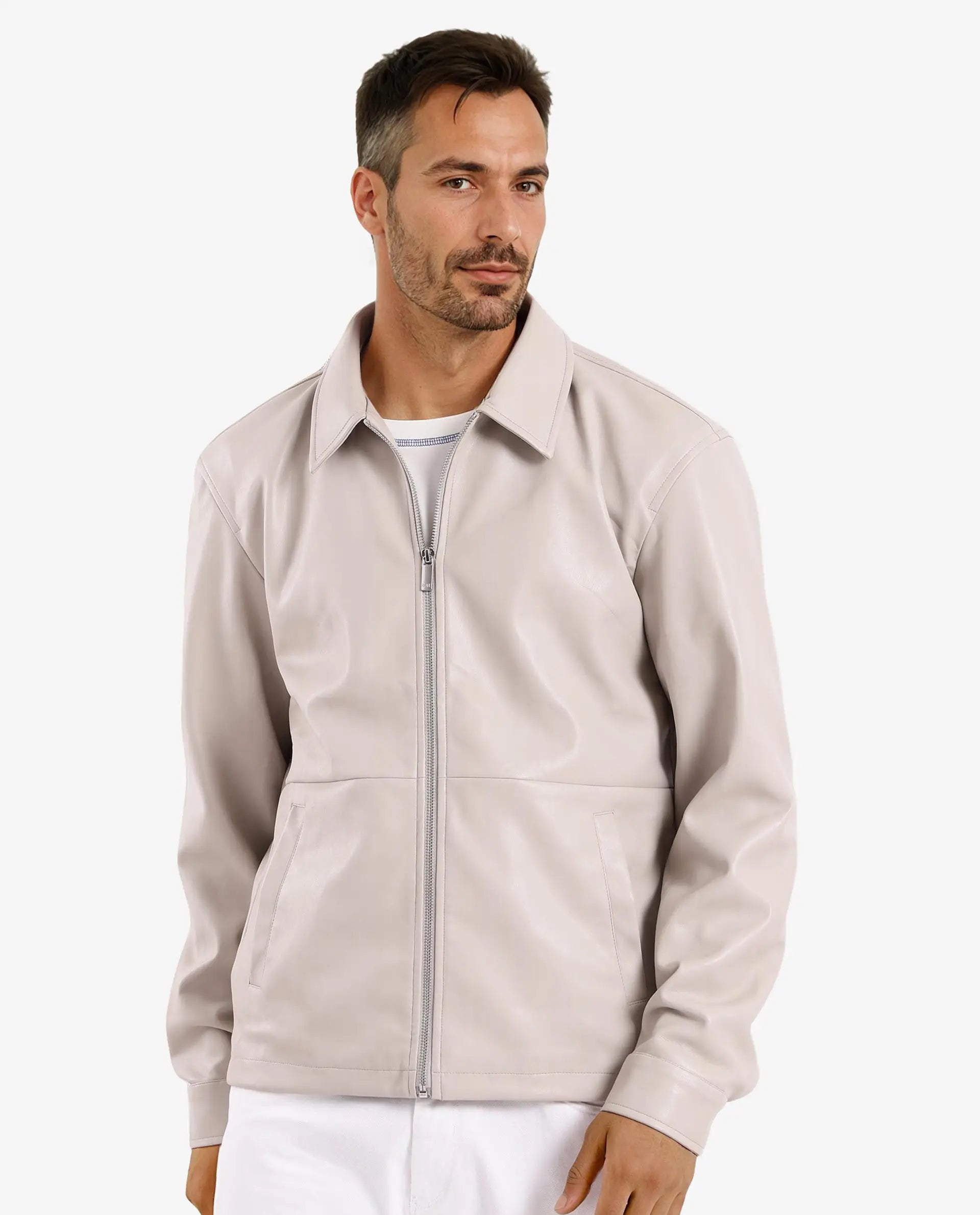 Rare Rabbit Men Morat Beige Faux Leather Full Sleeve Spread Collar Zipper Closure Plain Jacket