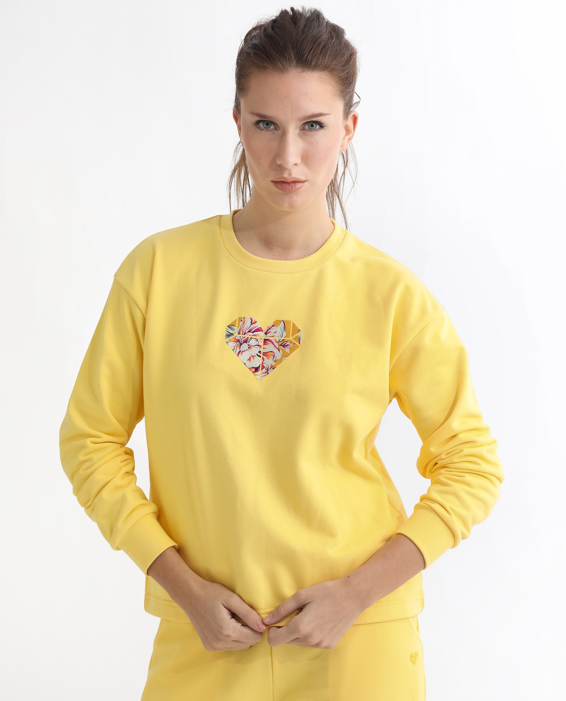 Rareism Women Morin Yellow Poly Cotton Fabric Full Sleeves Crew Neck Cuffed Sleeve Regular Fit Graphic Print Sweatshirt