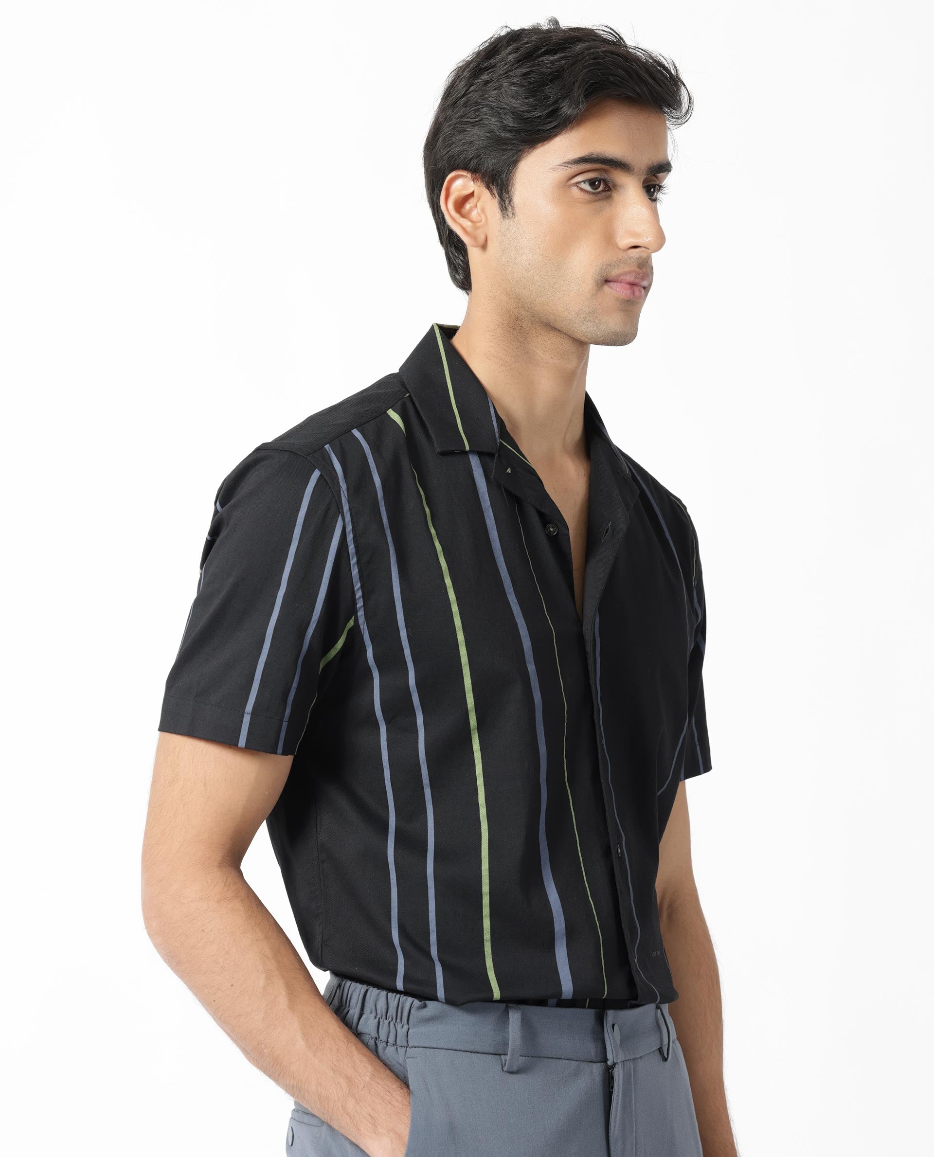 Rare Rabbit Men's Morlac Black Cotton Fabric Cuban Collar Half Sleeves Striped Shirt