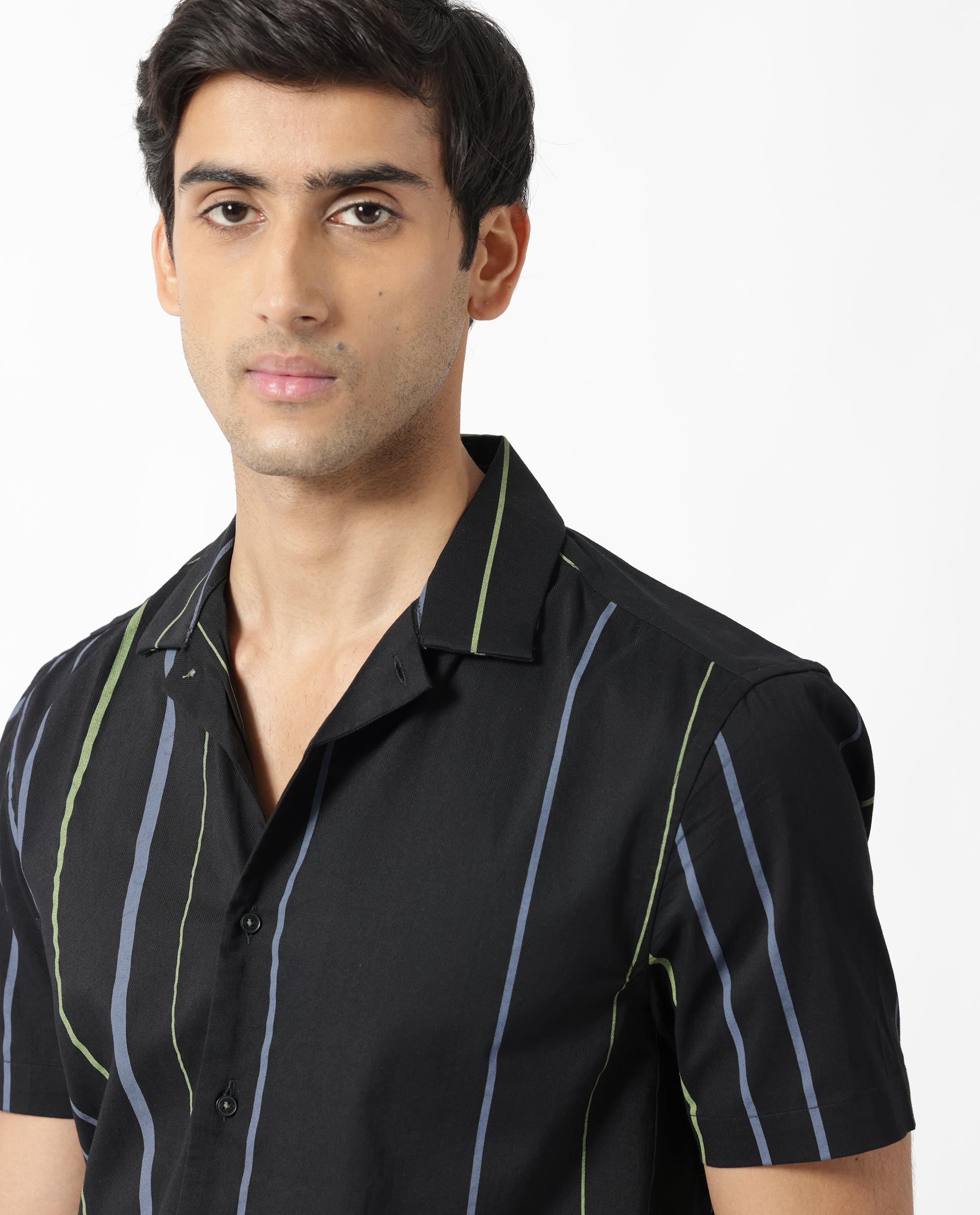 Rare Rabbit Men's Morlac Black Cotton Fabric Cuban Collar Half Sleeves Striped Shirt