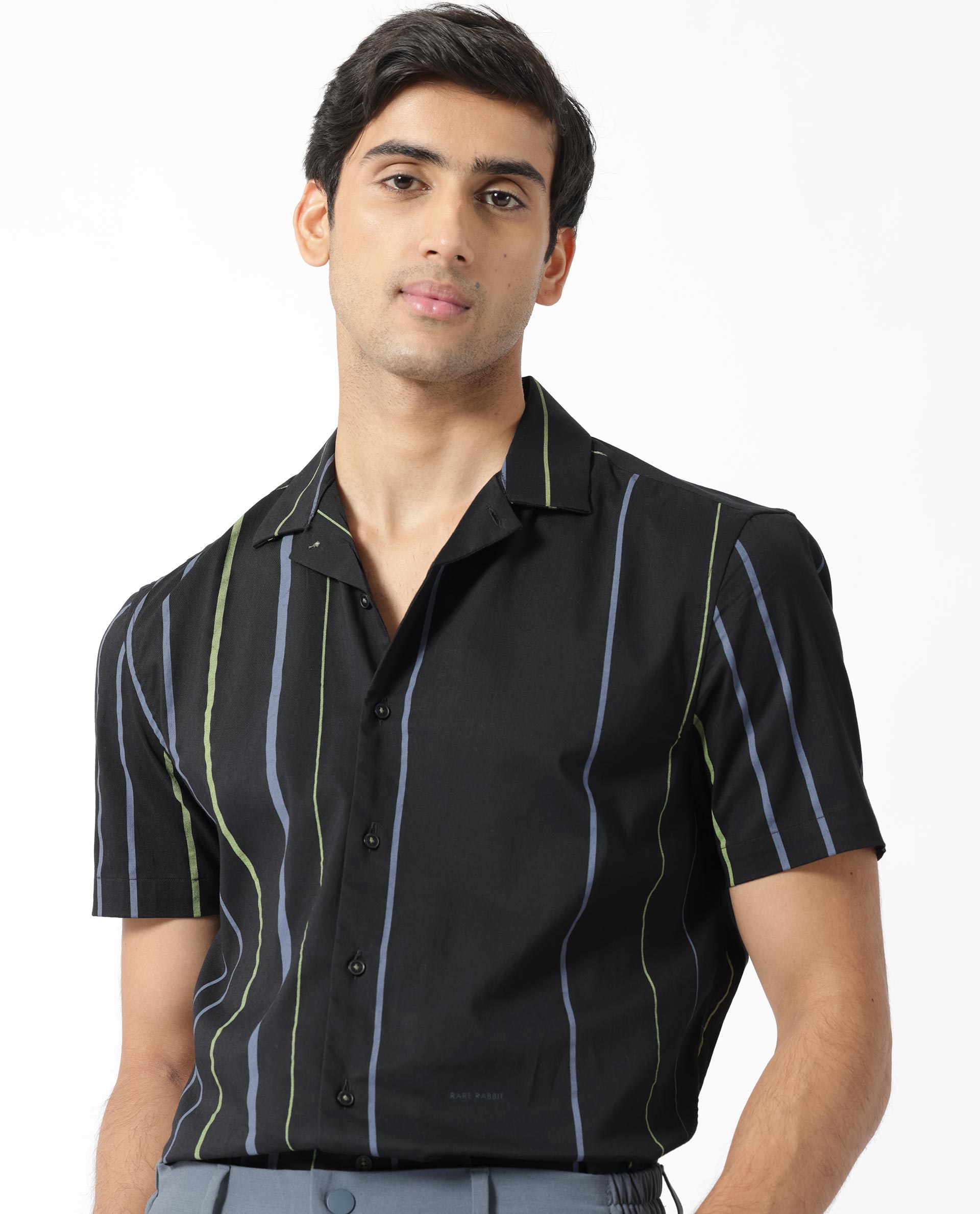 Rare Rabbit Men's Morlac Black Cotton Fabric Cuban Collar Half Sleeves Striped Shirt