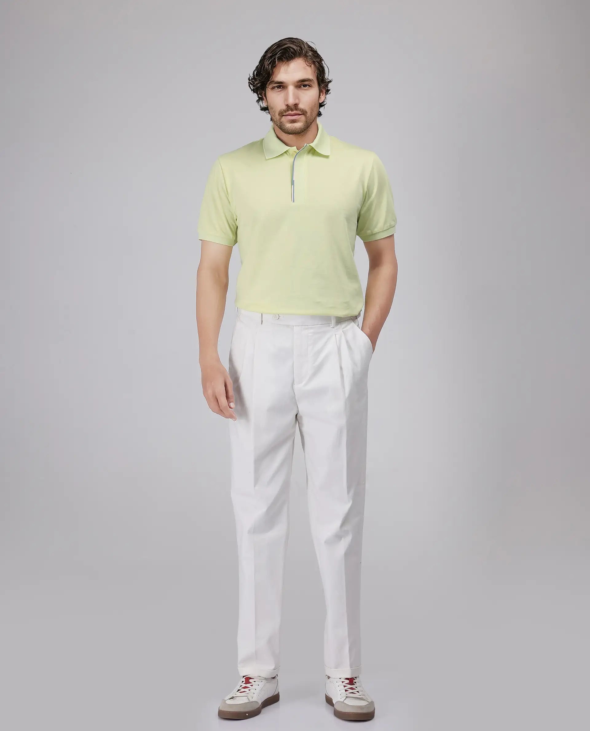 Rare Rabbit Men's Mor Light Yellow Cotton Blend Fabric Half Sleeve Spread Collar Regular Fit Plain Polo