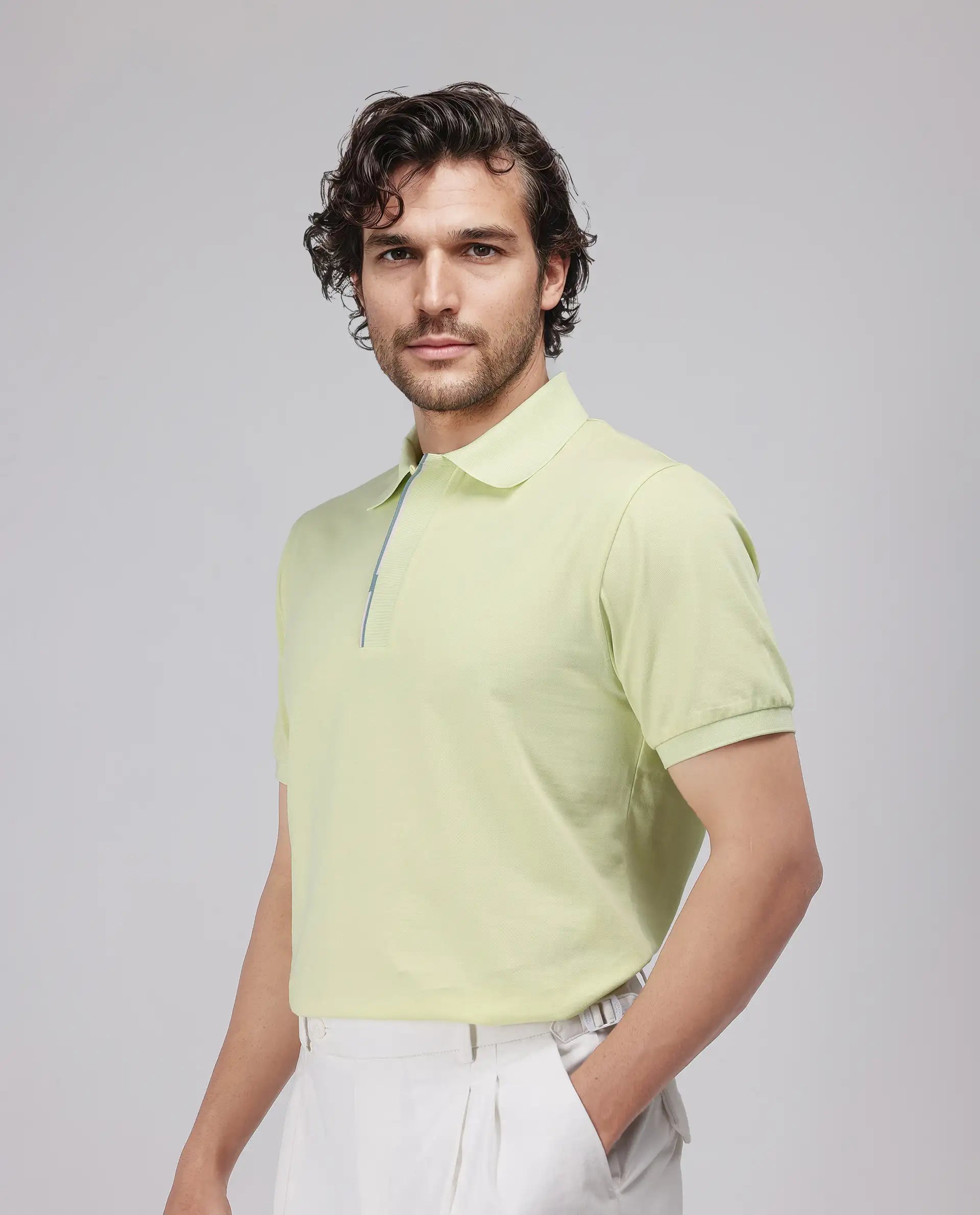 Rare Rabbit Men's Mor Light Yellow Cotton Blend Fabric Half Sleeve Spread Collar Regular Fit Plain Polo