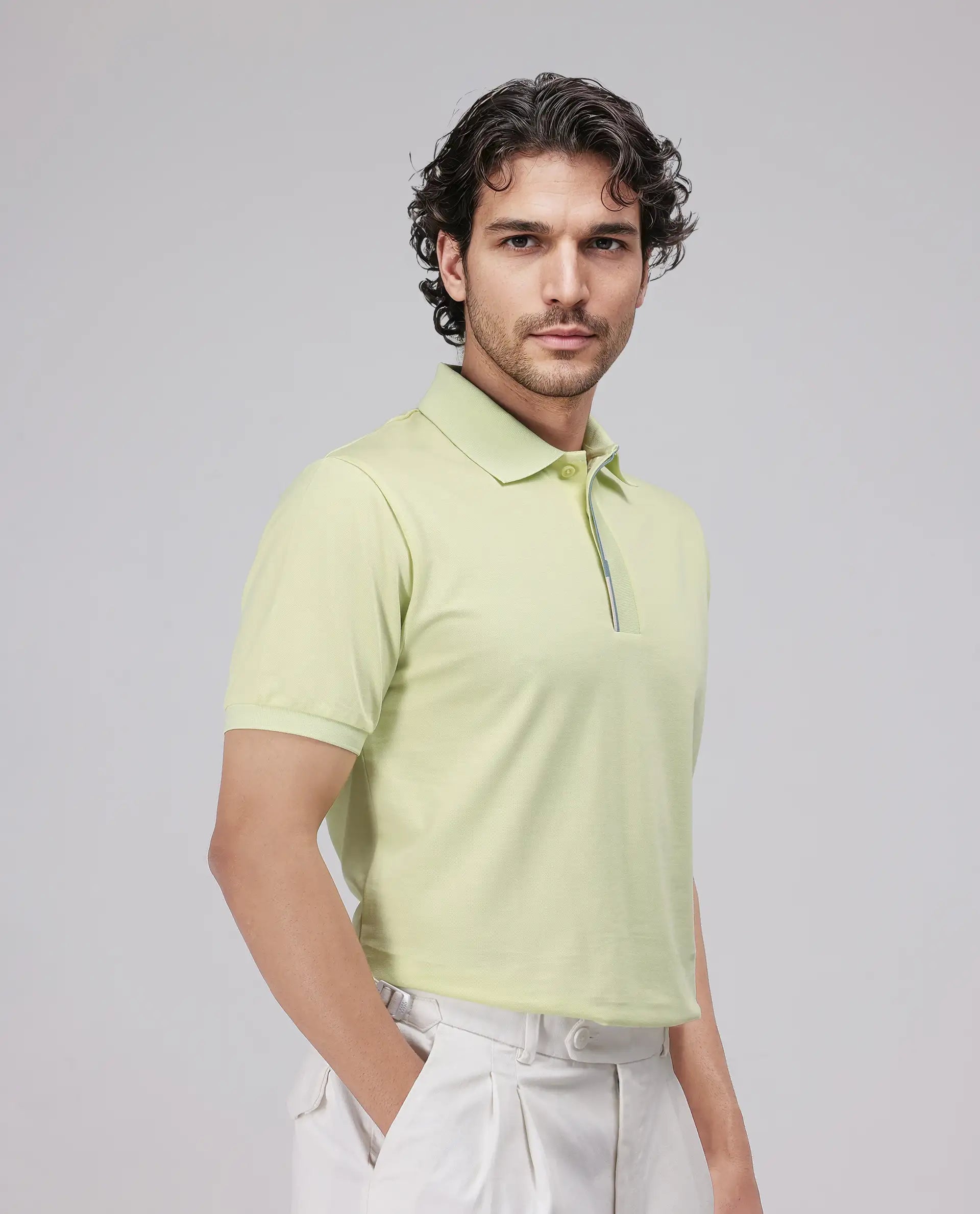 Rare Rabbit Men's Mor Light Yellow Cotton Blend Fabric Half Sleeve Spread Collar Regular Fit Plain Polo