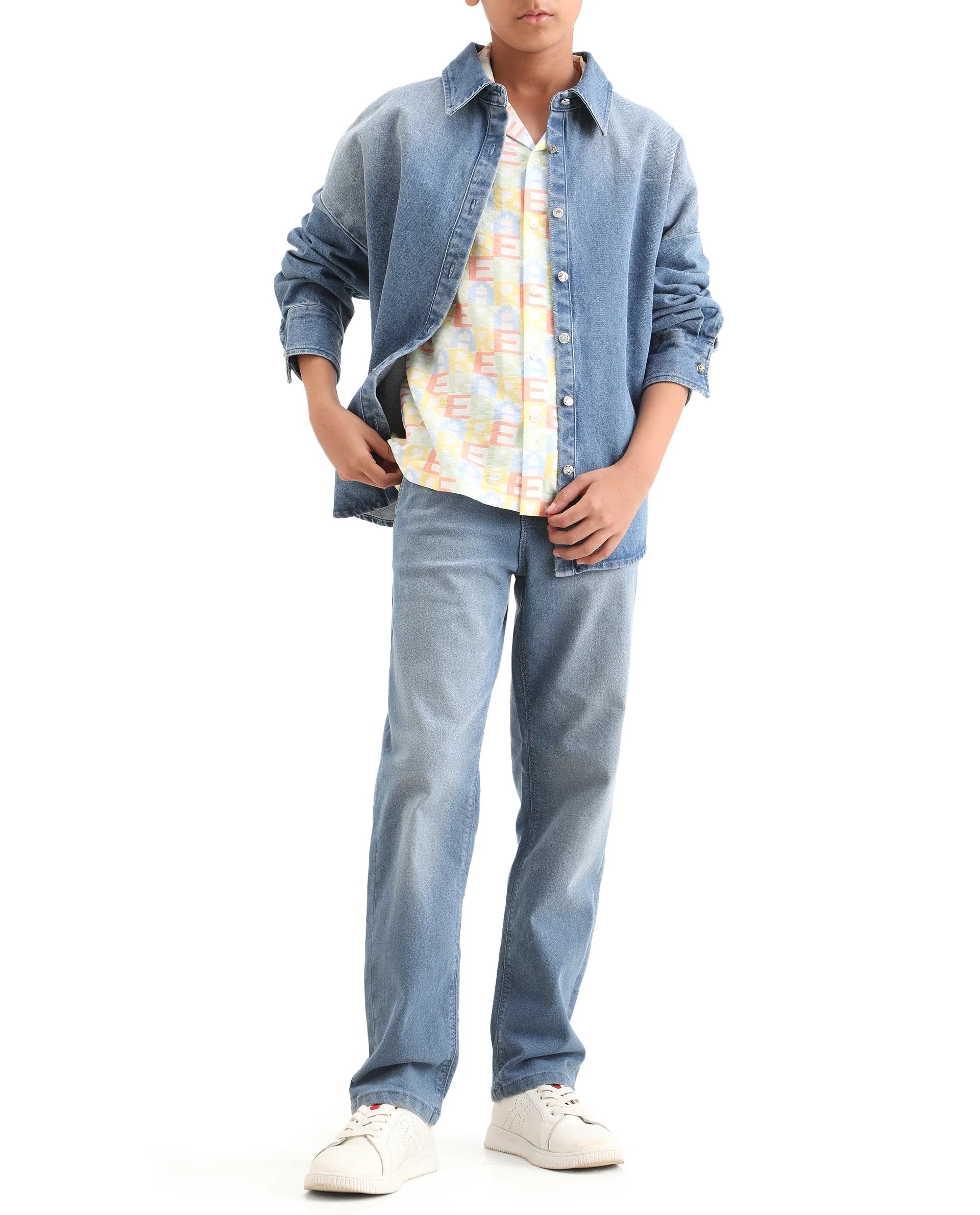 Rare Ones Kids Morg Light Blue Cotton Blend Button And Zipper Closure Plain Regular Fit Jeans