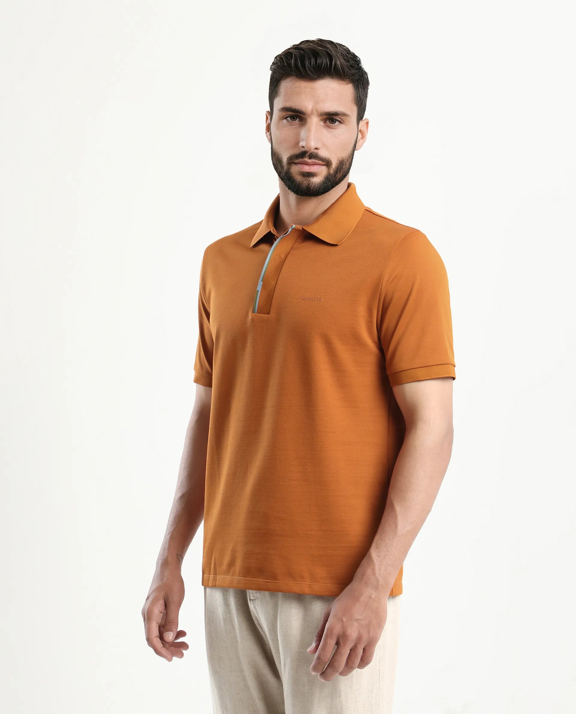 Rare Rabbit Men's Mor Rust Cotton Blend Plain Regular Fit Half Sleeve Polo