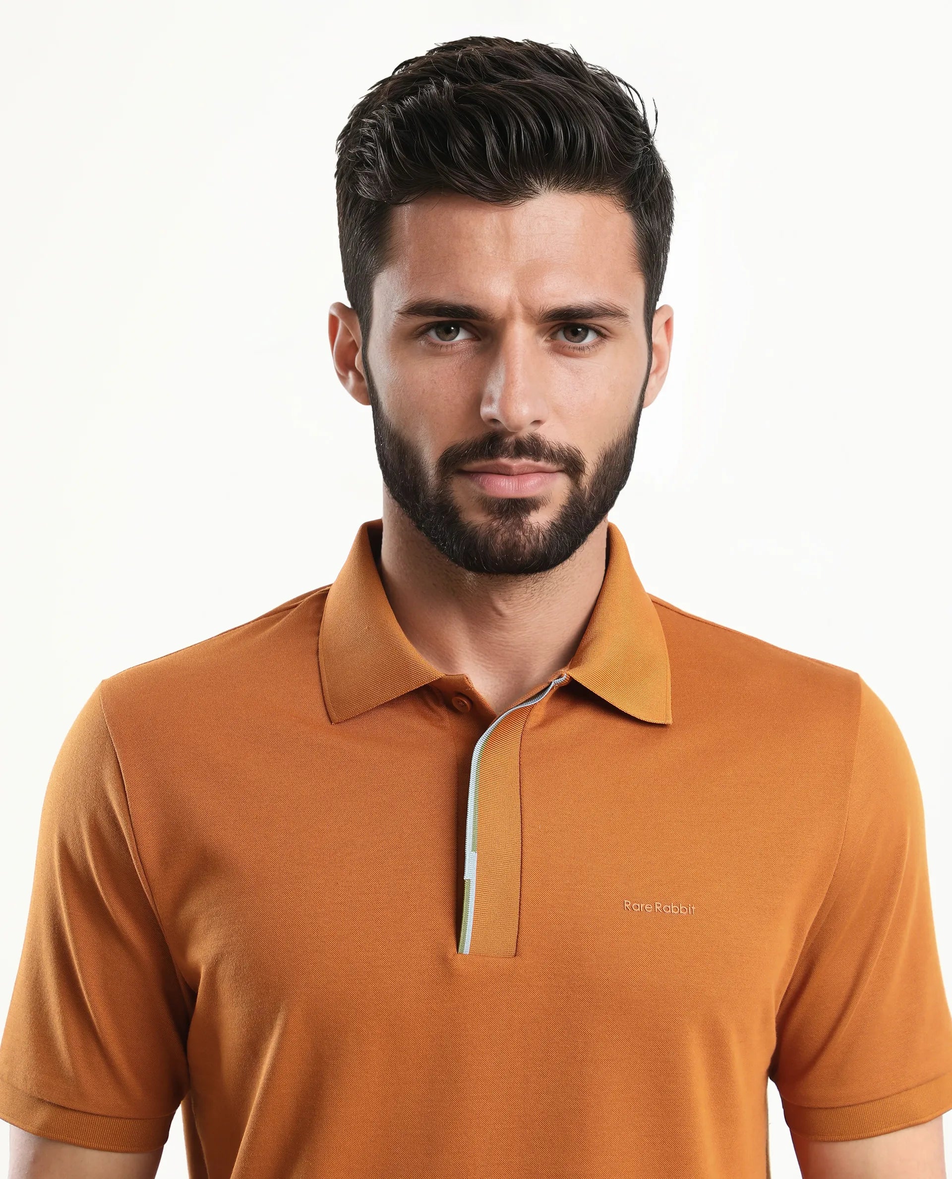 Rare Rabbit Men's Mor Rust Cotton Blend Plain Regular Fit Half Sleeve Polo