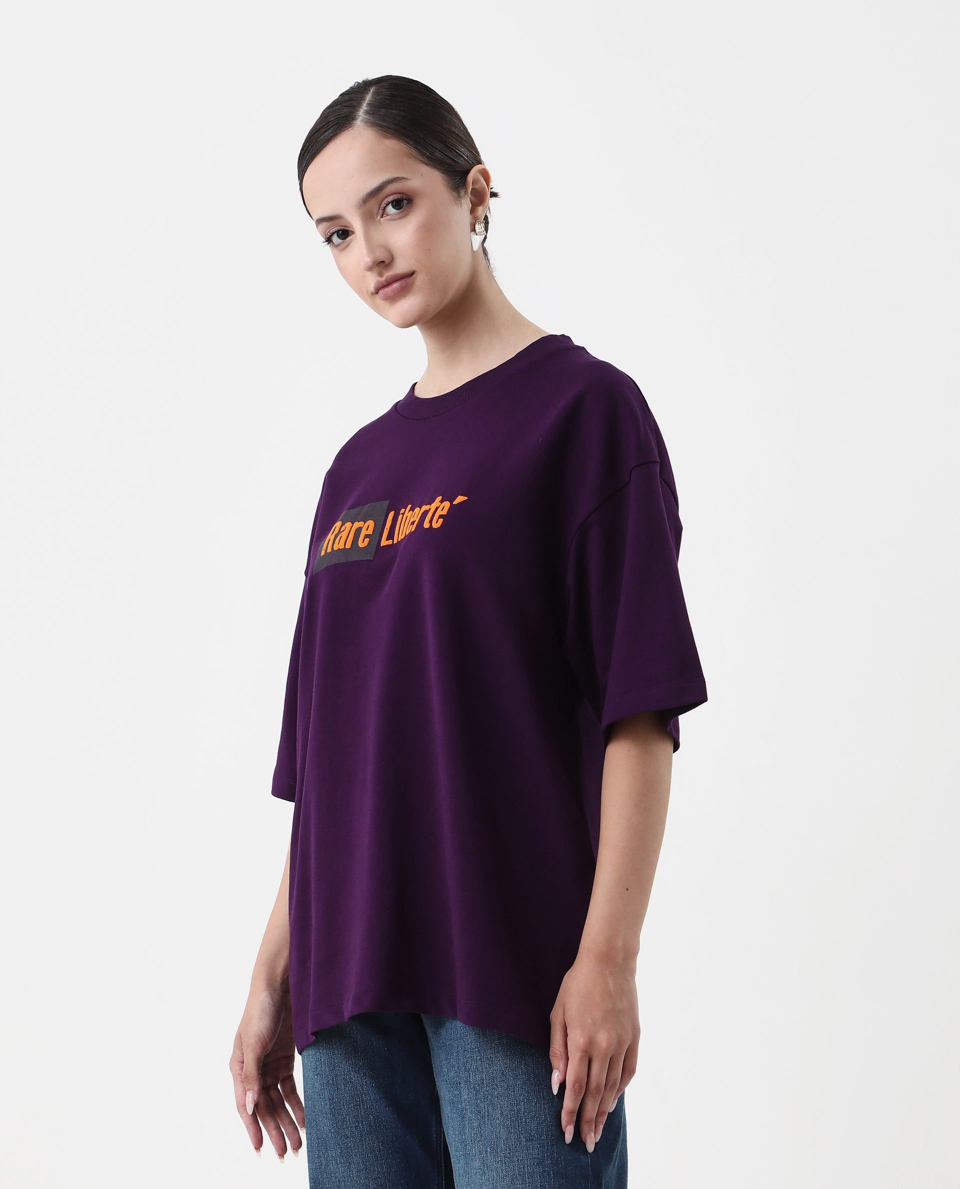 Rareism Women's Morsh Purple Cotton Graphic Print Oversized T-Shirt