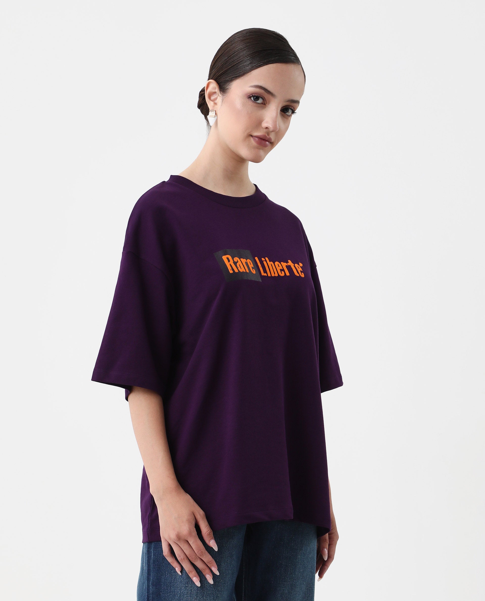 Rareism Women's Morsh Purple Cotton Graphic Print Oversized T-Shirt