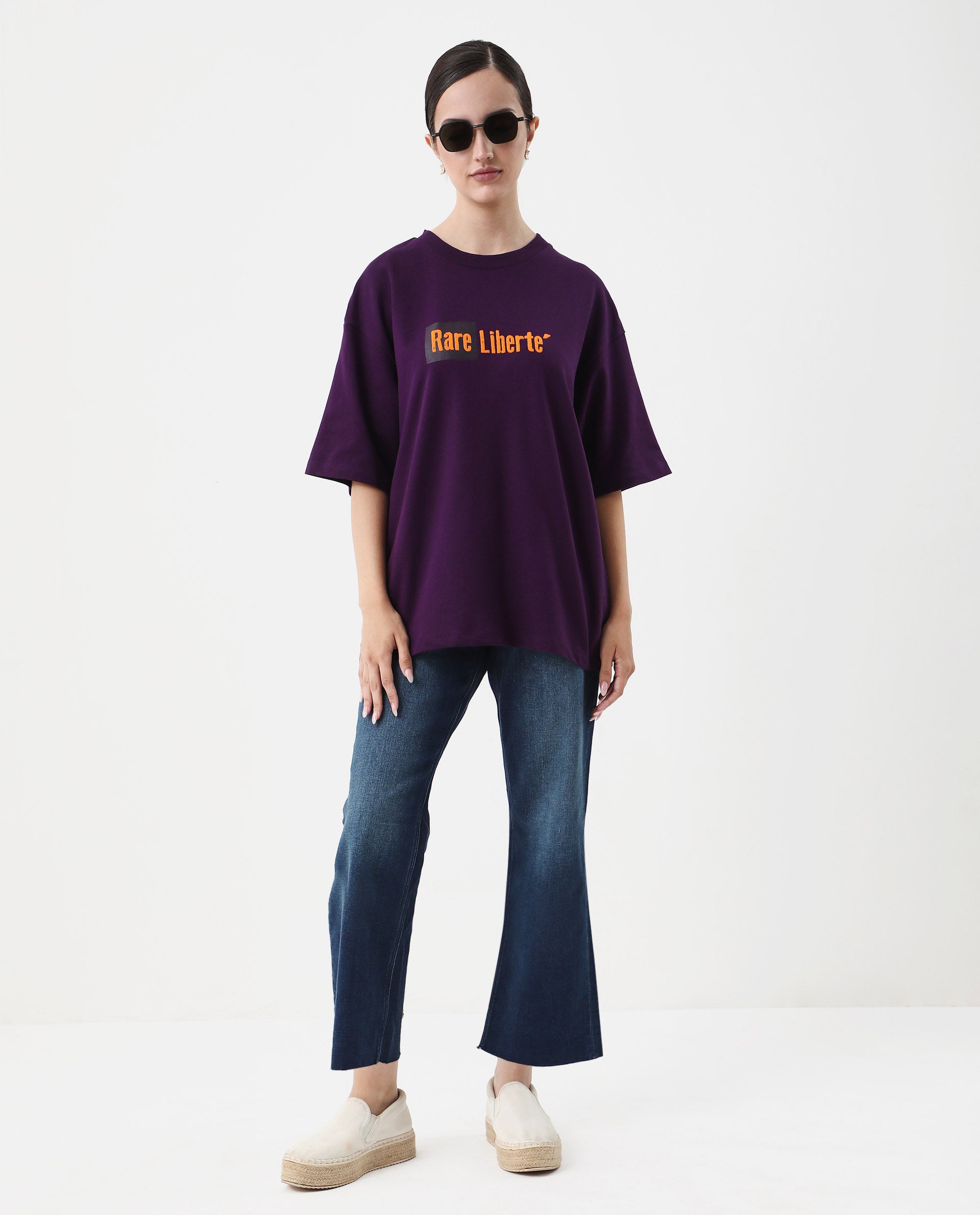 Rareism Women's Morsh Purple Cotton Graphic Print Oversized T-Shirt