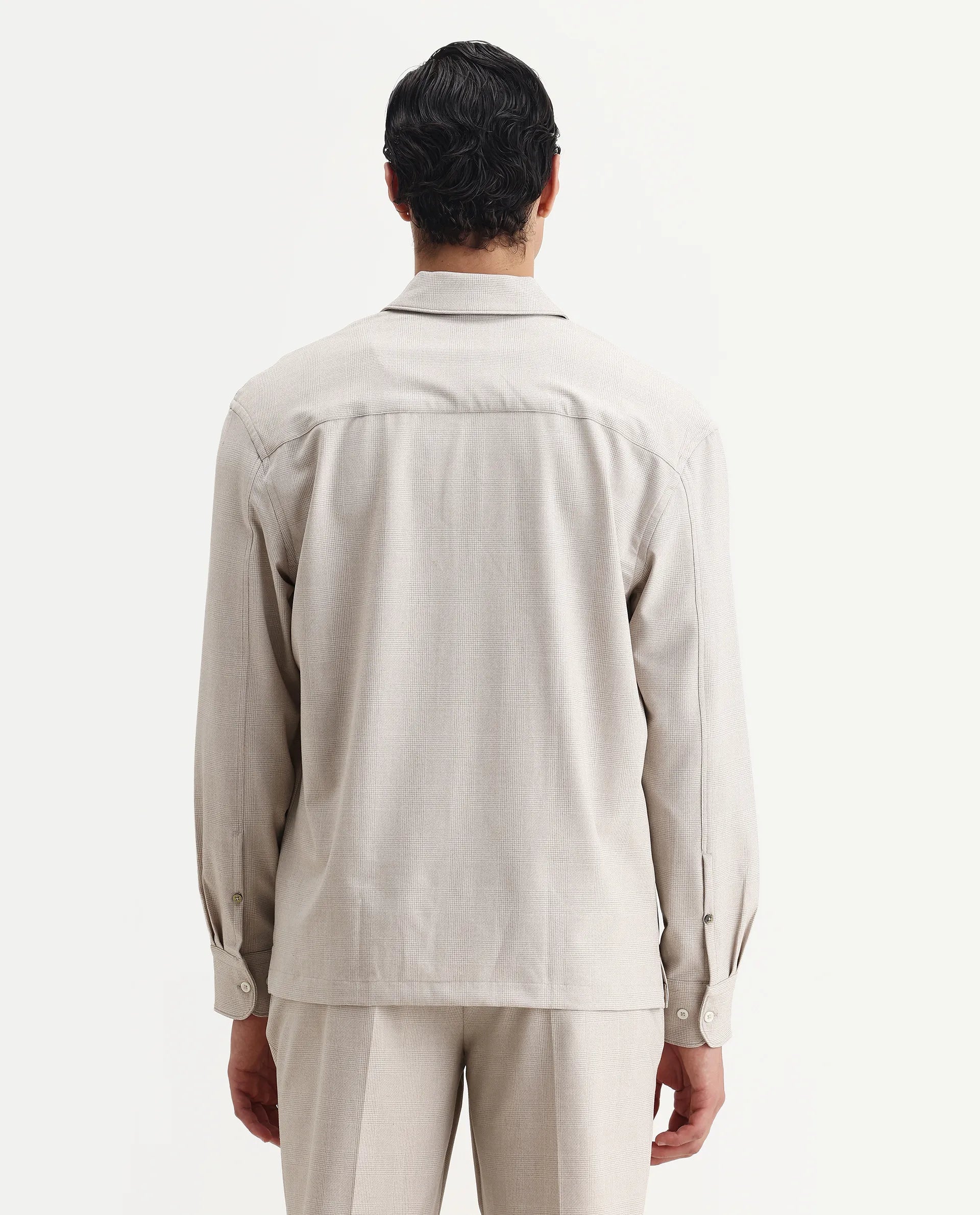 Rare Rabbit Men's Morst-T Beige Polyester Blend Checked Print Regular Fit Full Sleeve Cuban Collar Shirt