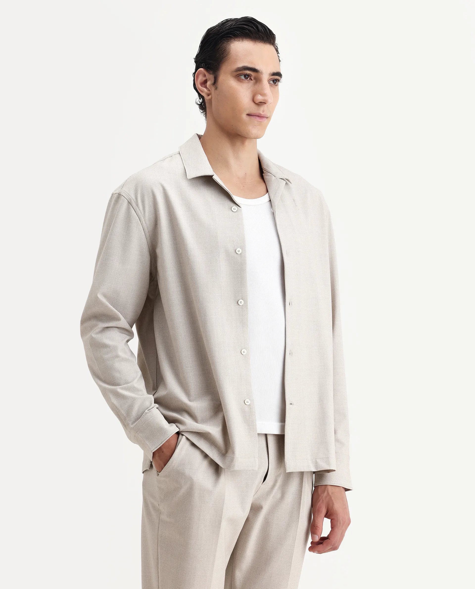 Rare Rabbit Men's Morst-T Beige Polyester Blend Checked Print Regular Fit Full Sleeve Cuban Collar Shirt