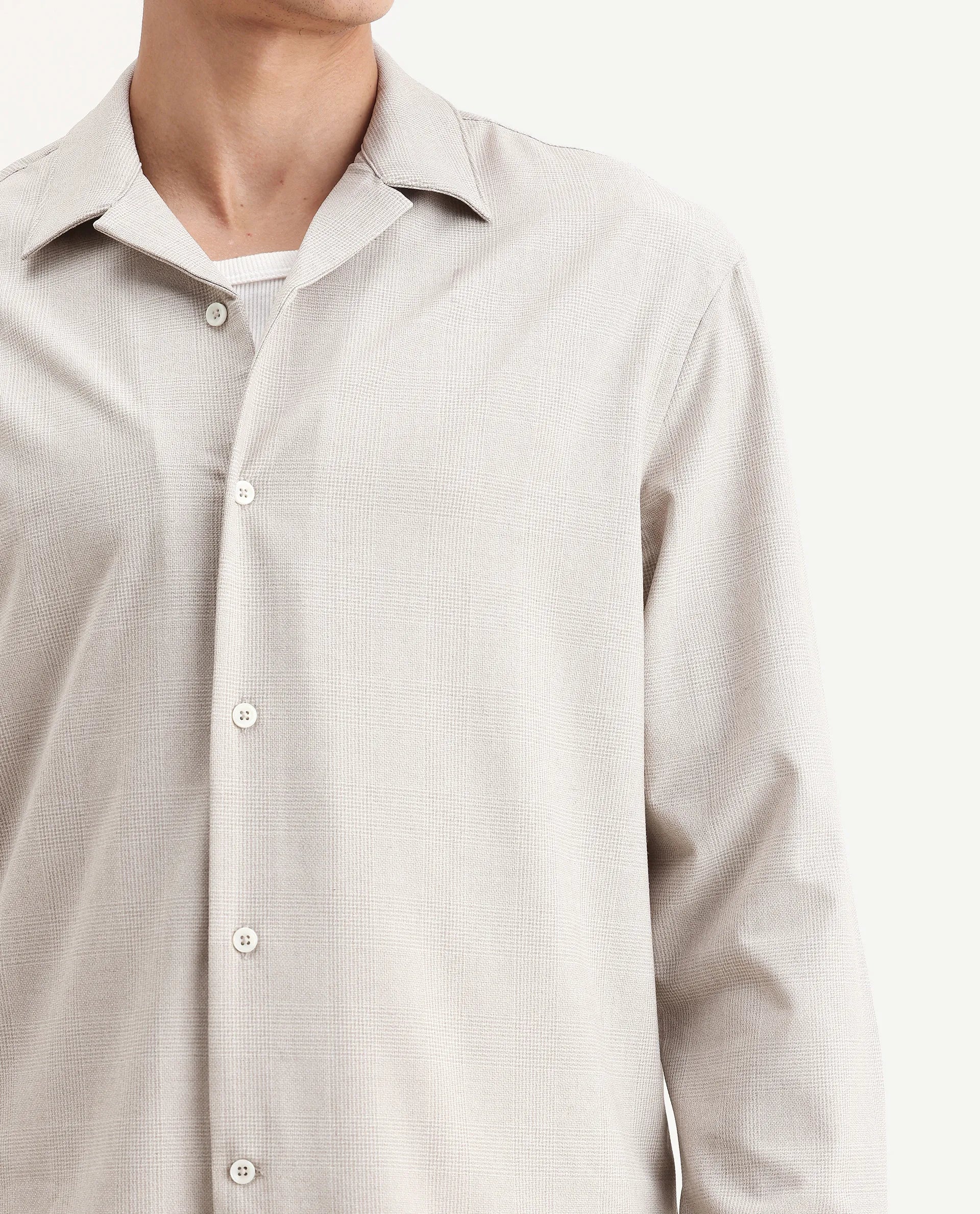 Rare Rabbit Men's Morst-T Beige Polyester Blend Checked Print Regular Fit Full Sleeve Cuban Collar Shirt