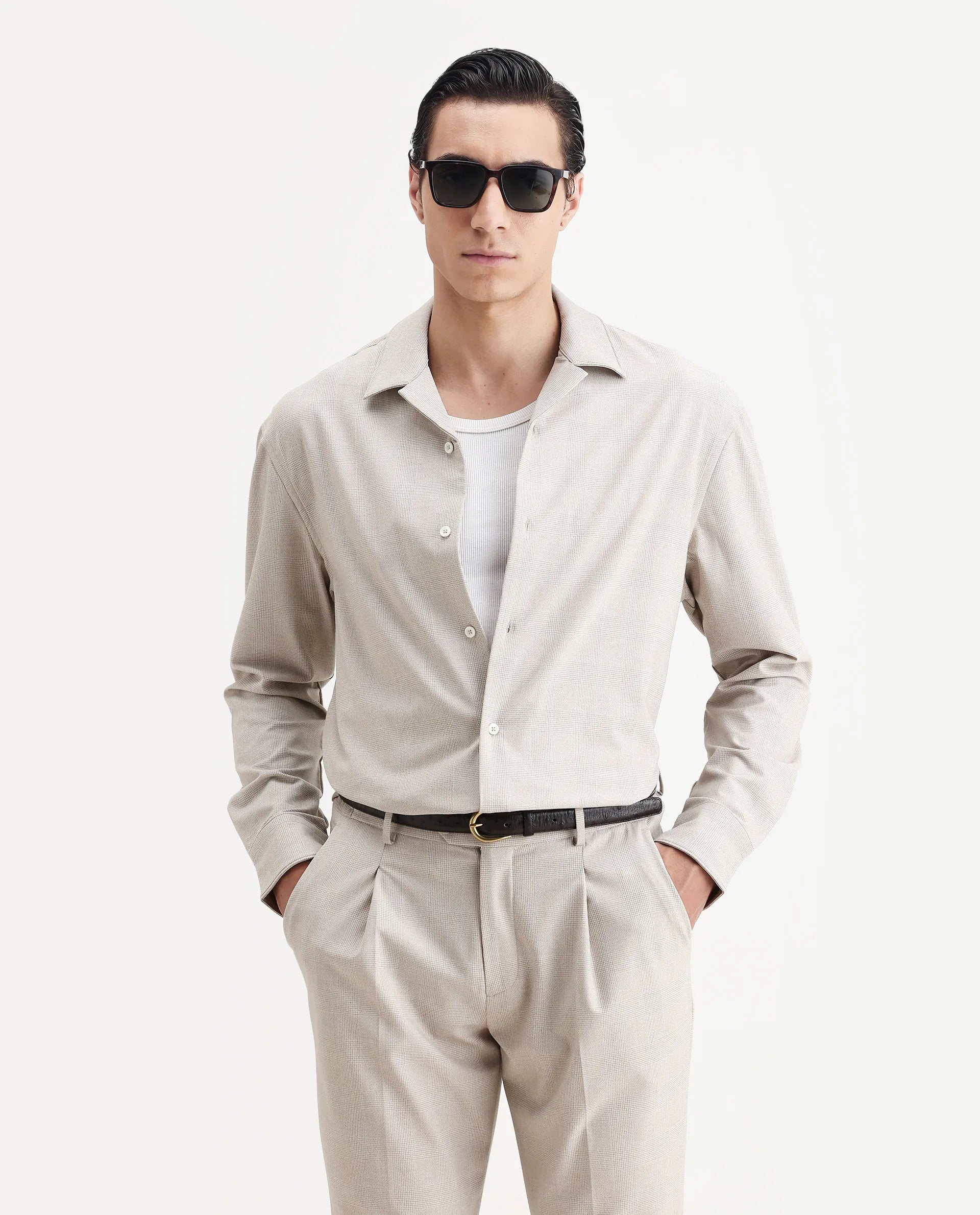 Rare Rabbit Men's Morst-T Beige Polyester Blend Checked Print Regular Fit Full Sleeve Cuban Collar Shirt