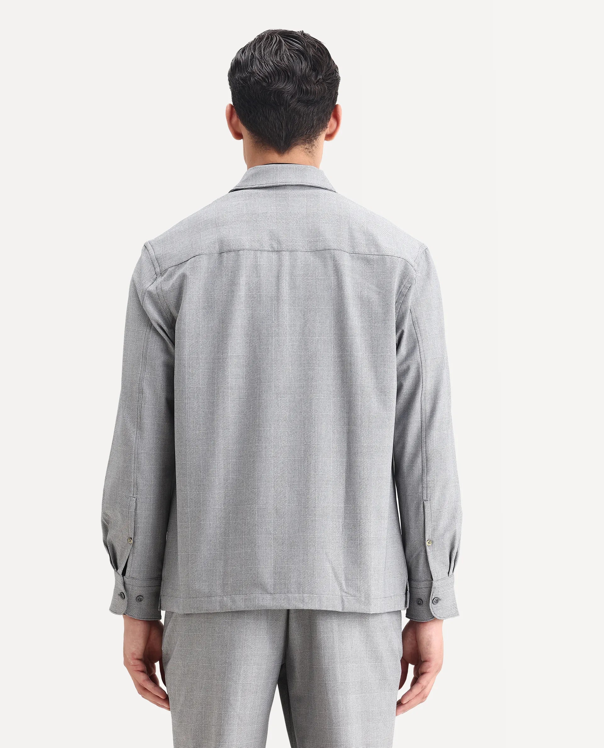 Rare Rabbit Men's Morst-T Dark Grey Polyester Blend Checked Print Regular Fit Full Sleeve Cuban Collar Shirt