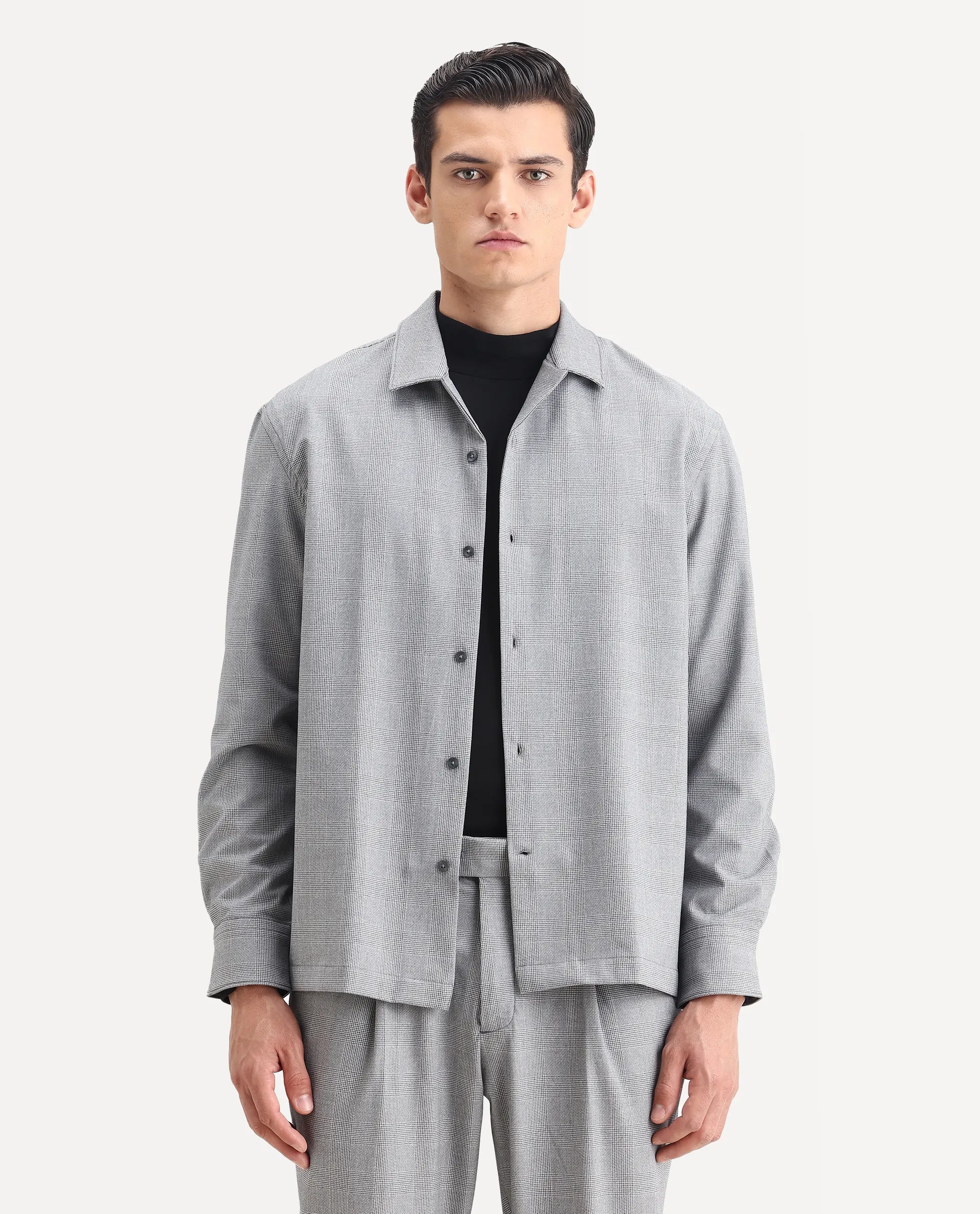 Rare Rabbit Men's Morst-T Dark Grey Polyester Blend Checked Print Regular Fit Full Sleeve Cuban Collar Shirt