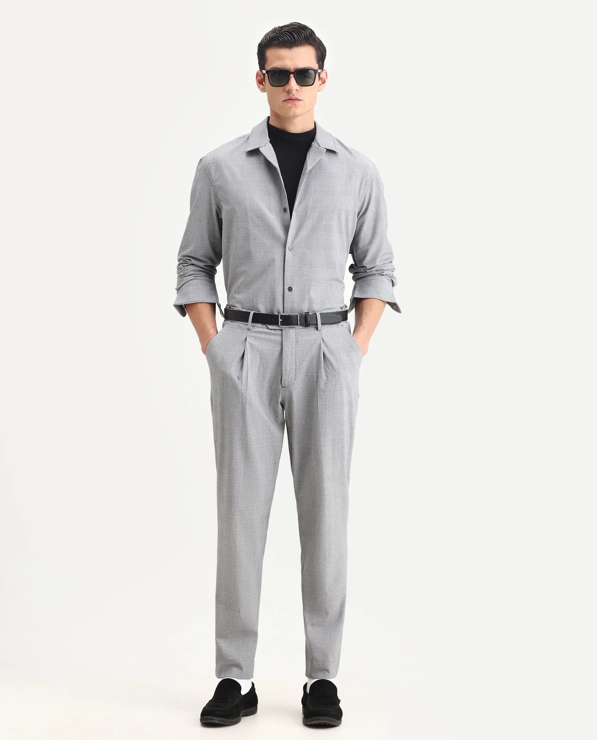 Rare Rabbit Men's Morst-T Dark Grey Polyester Blend Checked Print Regular Fit Full Sleeve Cuban Collar Shirt