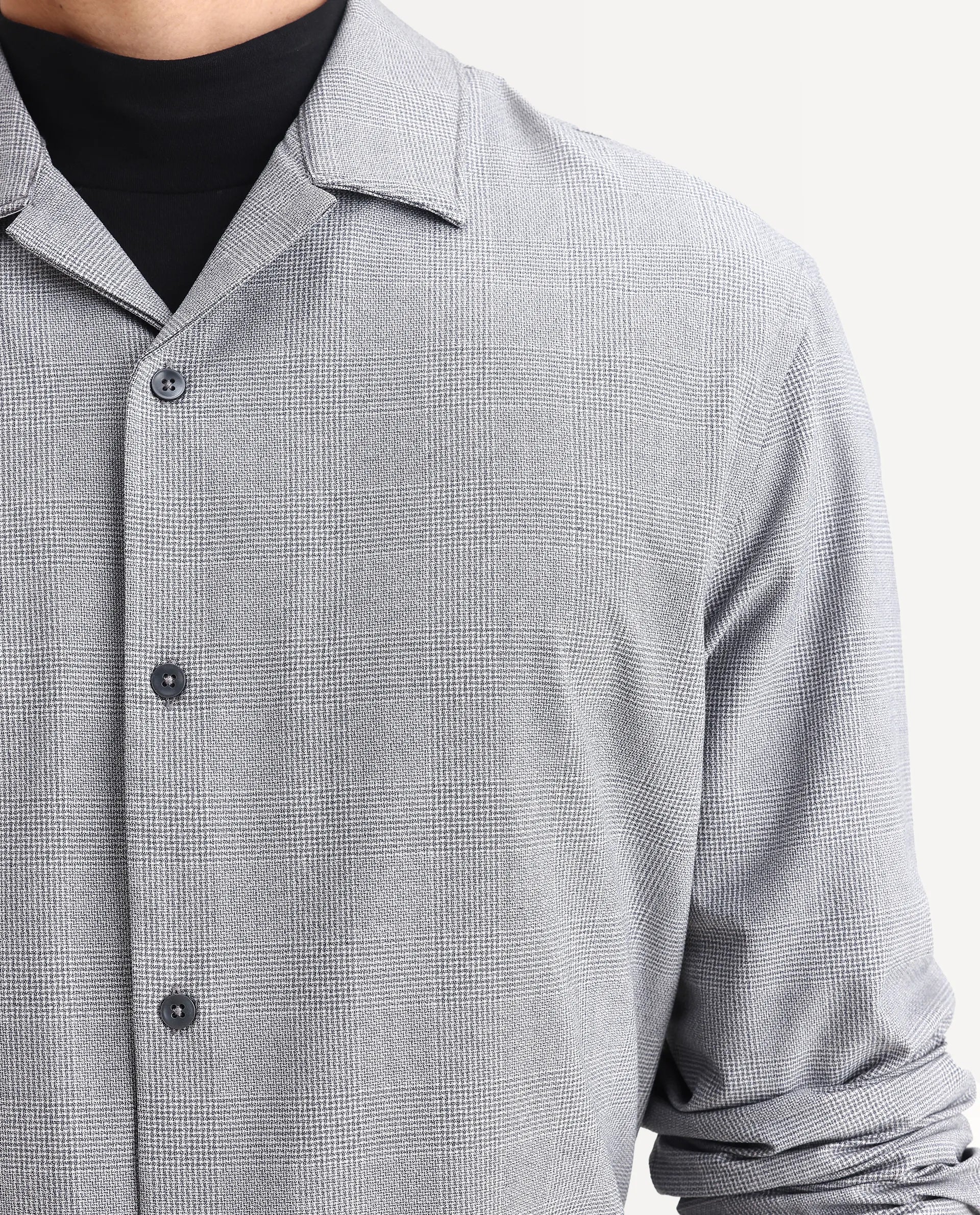 Rare Rabbit Men's Morst-T Dark Grey Polyester Blend Checked Print Regular Fit Full Sleeve Cuban Collar Shirt