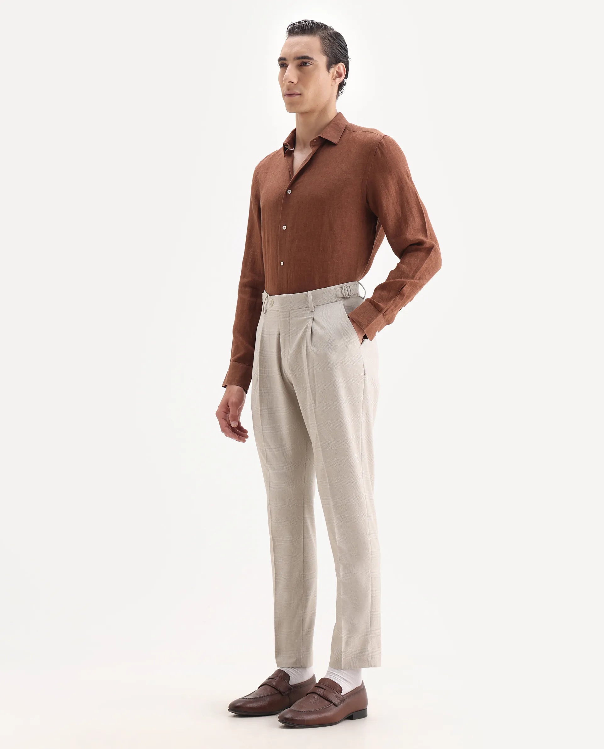 Rare Rabbit Men's Morst Beige Cotton Blend Checked Print Relaxed Fit Trouser