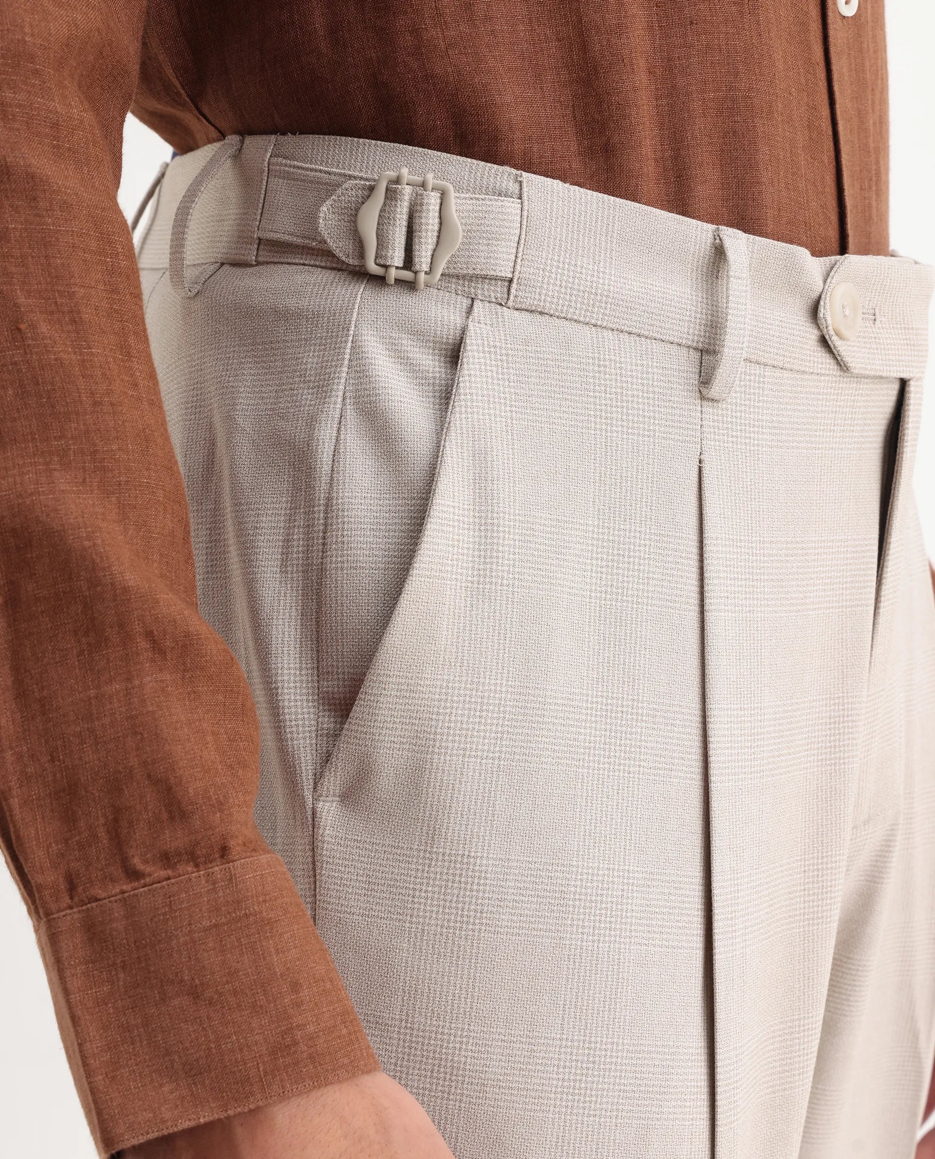 Rare Rabbit Men's Morst Beige Cotton Blend Checked Print Relaxed Fit Trouser