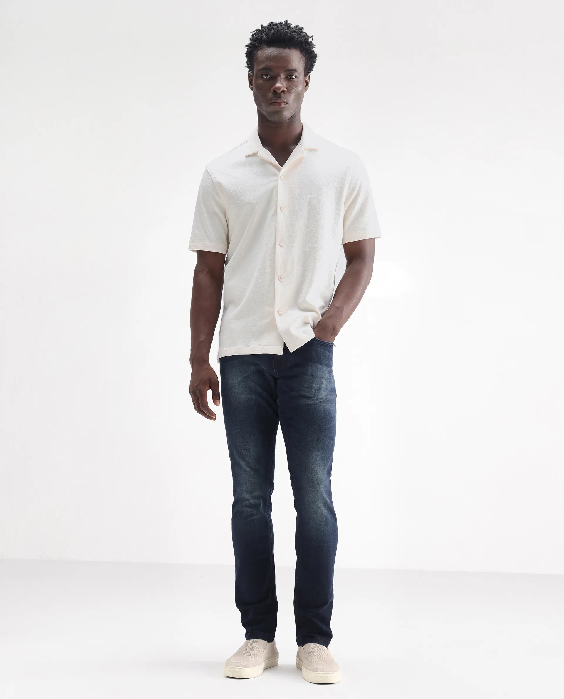 Rare Rabbit Men's Morvan Dark Blue Cotton Plain Hawk Slim Fit Jeans