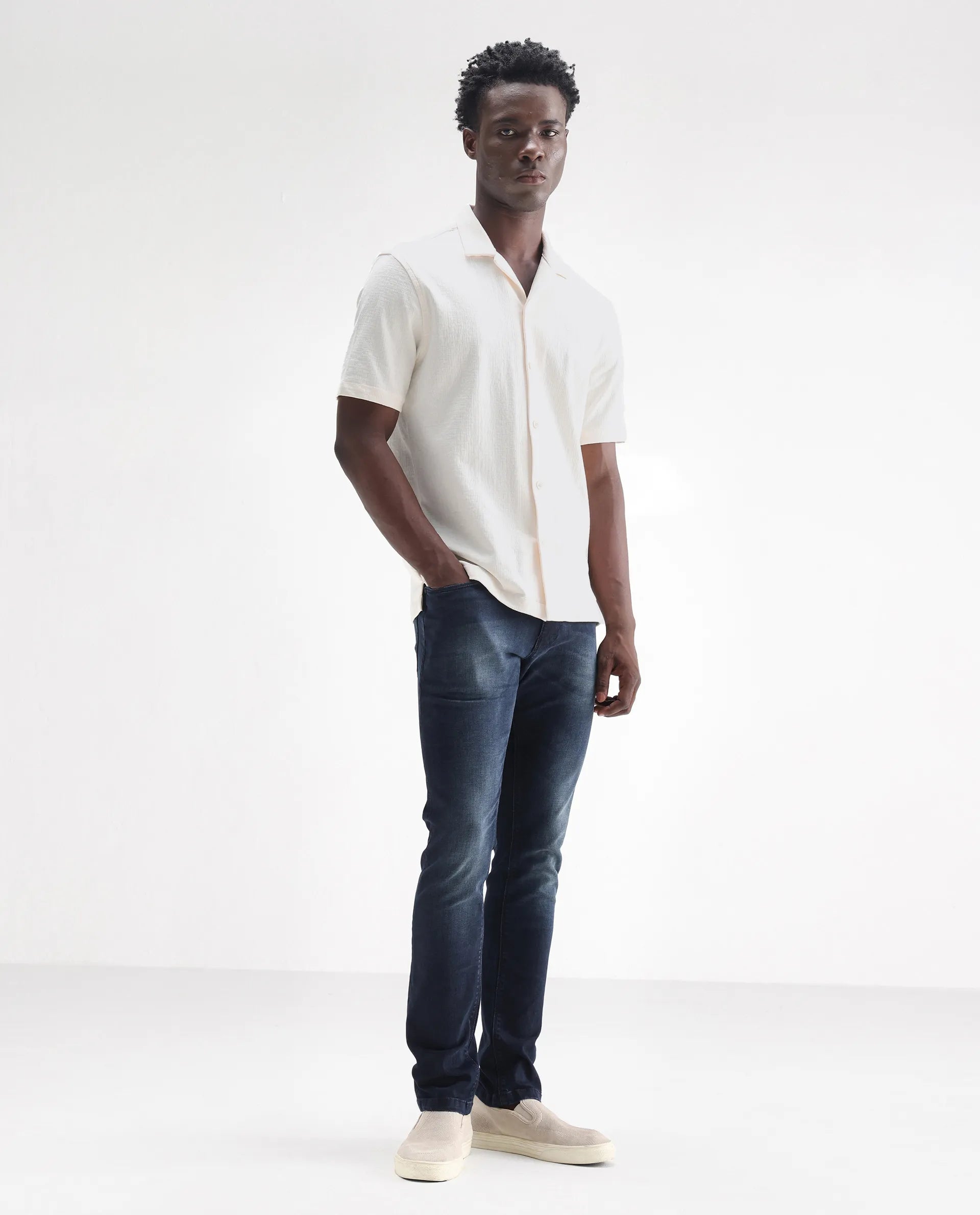 Rare Rabbit Men's Morvan Dark Blue Cotton Plain Hawk Slim Fit Jeans