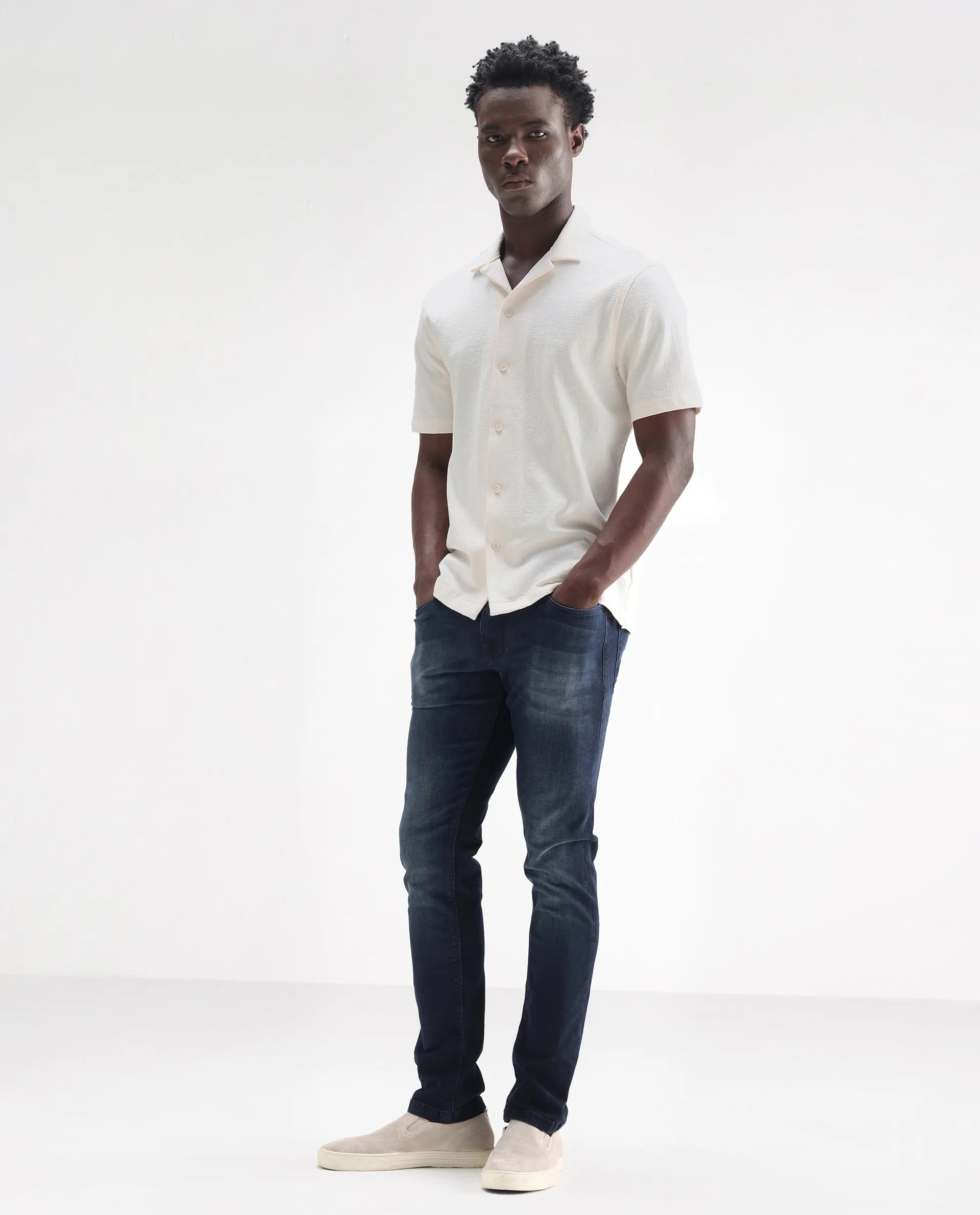 Rare Rabbit Men's Morvan Dark Blue Cotton Plain Hawk Slim Fit Jeans