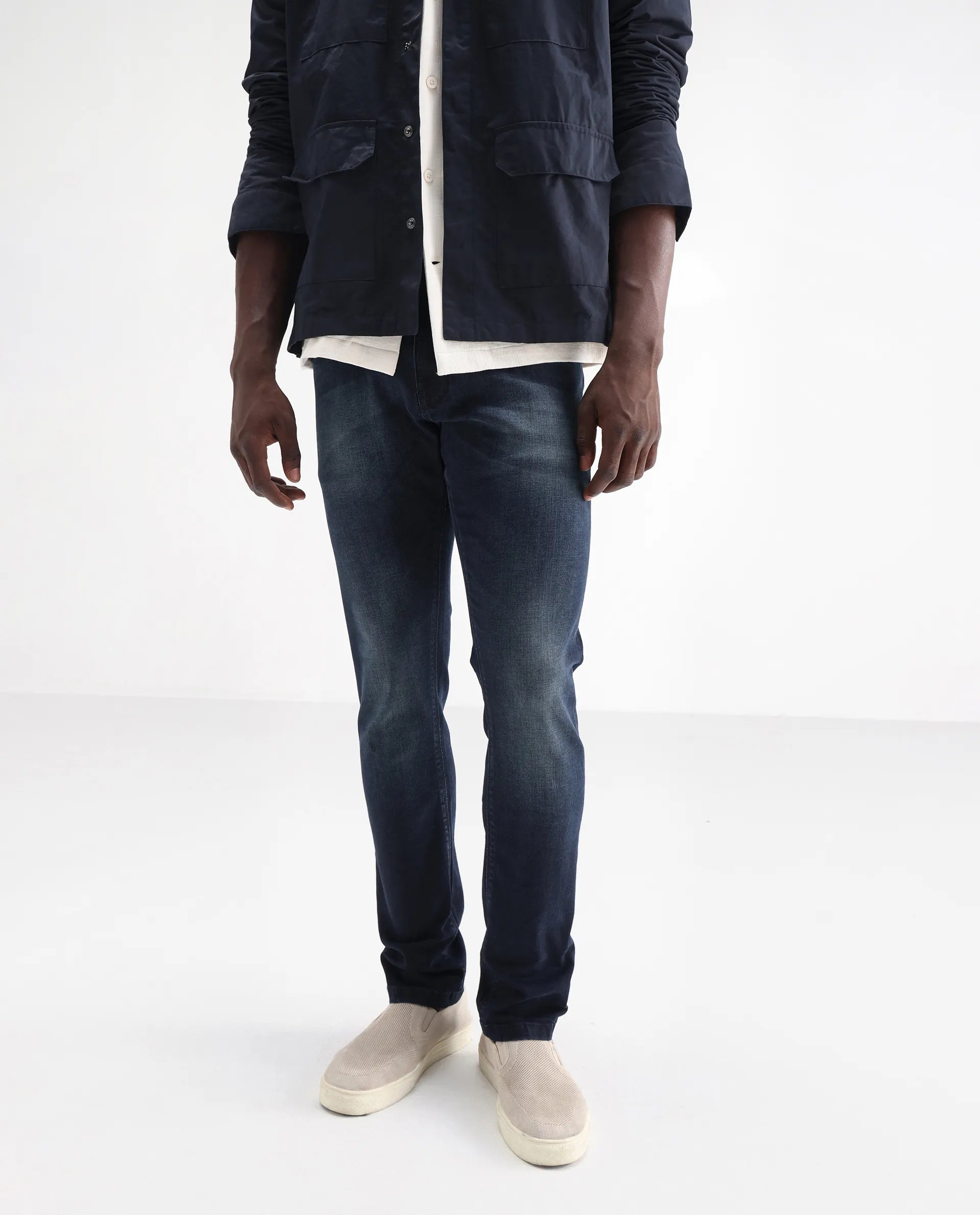 Rare Rabbit Men's Morvan Dark Blue Cotton Plain Hawk Slim Fit Jeans