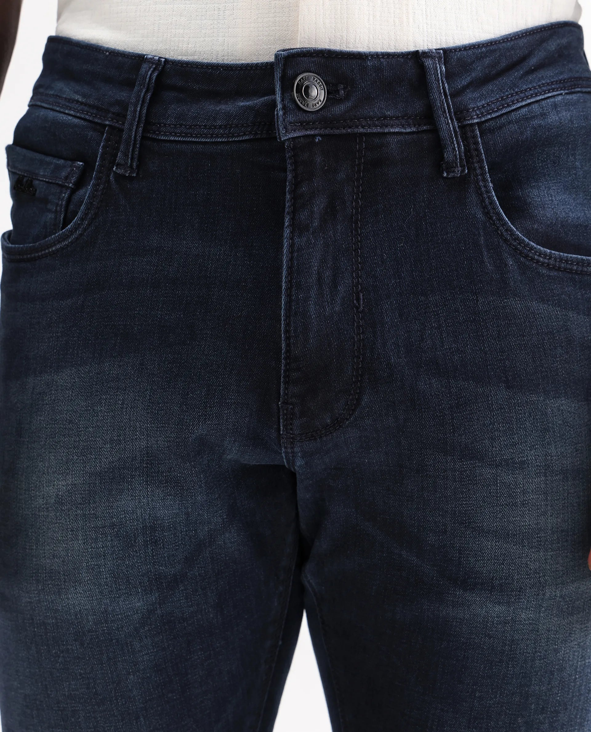 Rare Rabbit Men's Morvan Dark Blue Cotton Plain Hawk Slim Fit Jeans