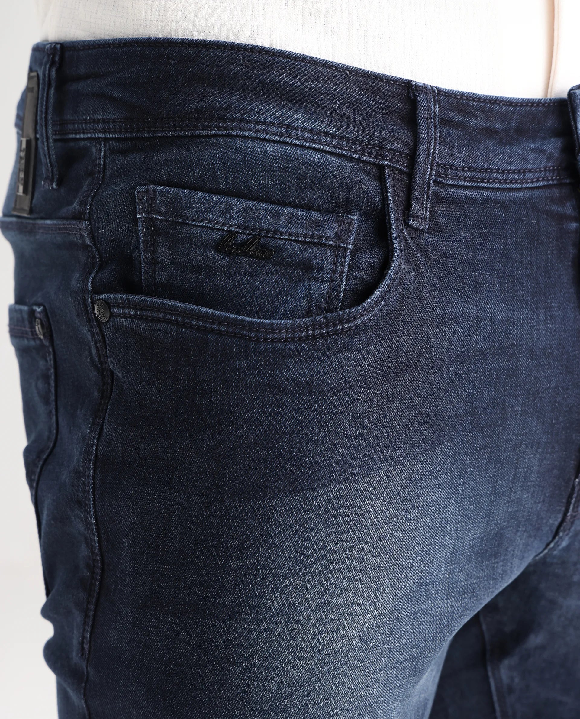 Rare Rabbit Men's Morvan Dark Blue Cotton Plain Hawk Slim Fit Jeans