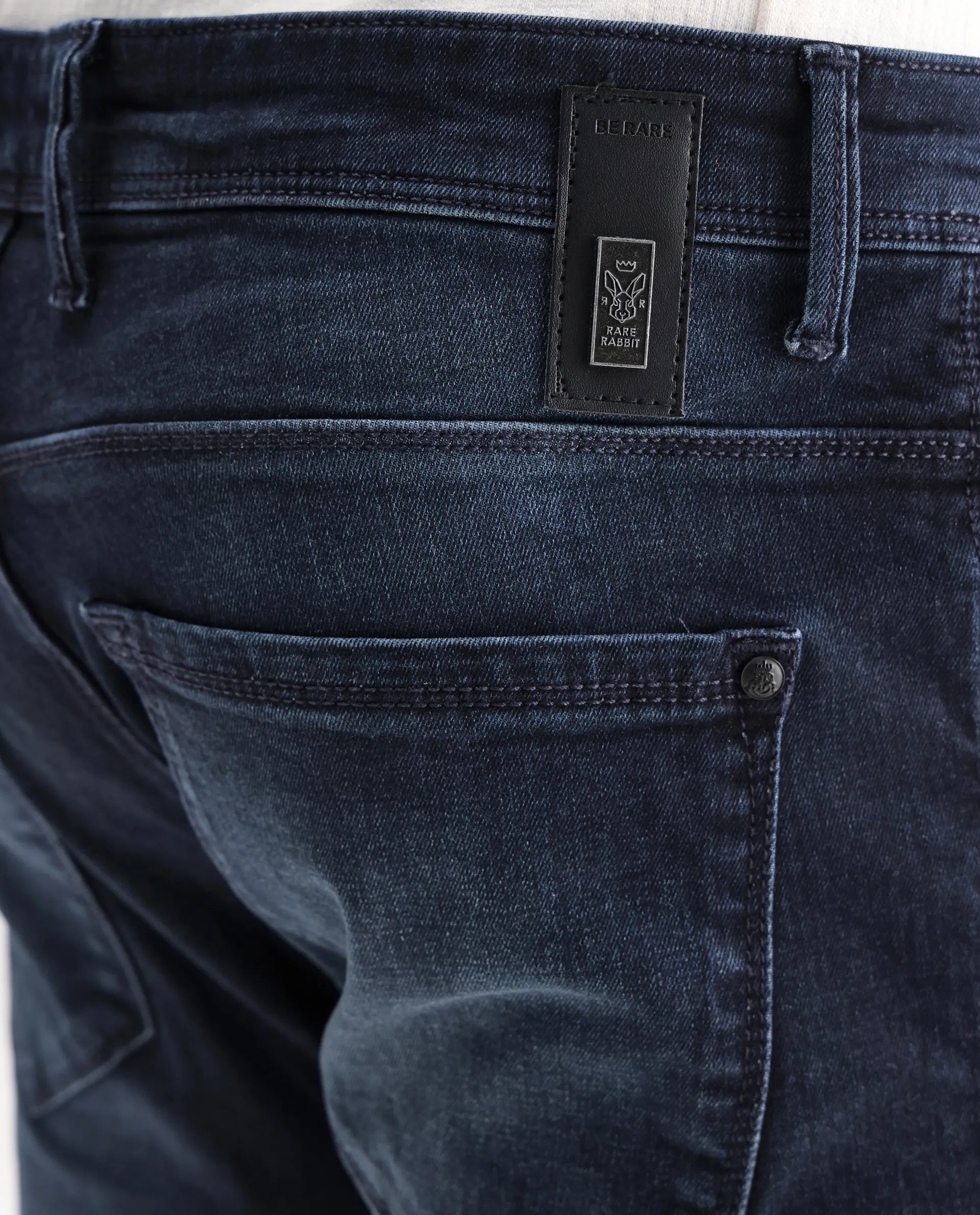 Rare Rabbit Men's Morvan Dark Blue Cotton Plain Hawk Slim Fit Jeans