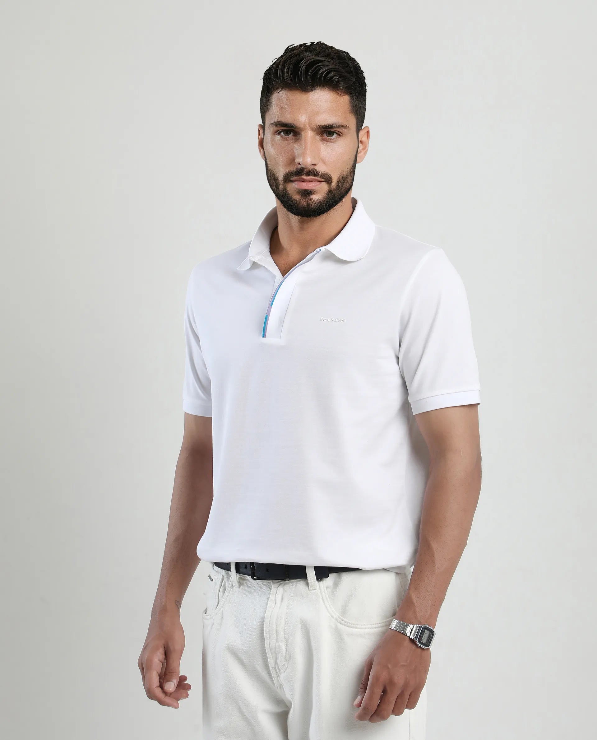 Rare Rabbit Men's Mor White Cotton Blend Plain Regular Fit Half Sleeve Polo