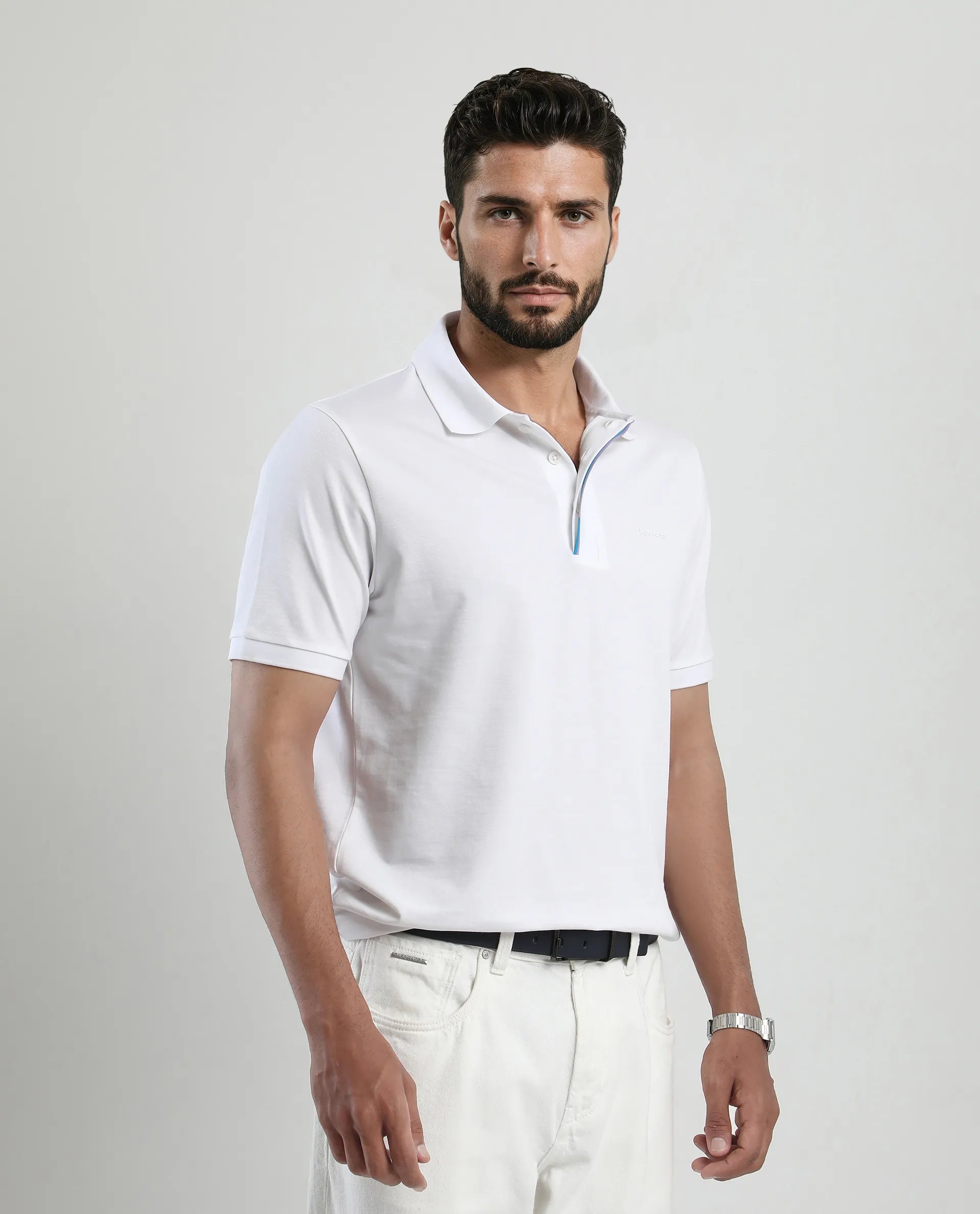 Rare Rabbit Men's Mor White Cotton Blend Plain Regular Fit Half Sleeve Polo