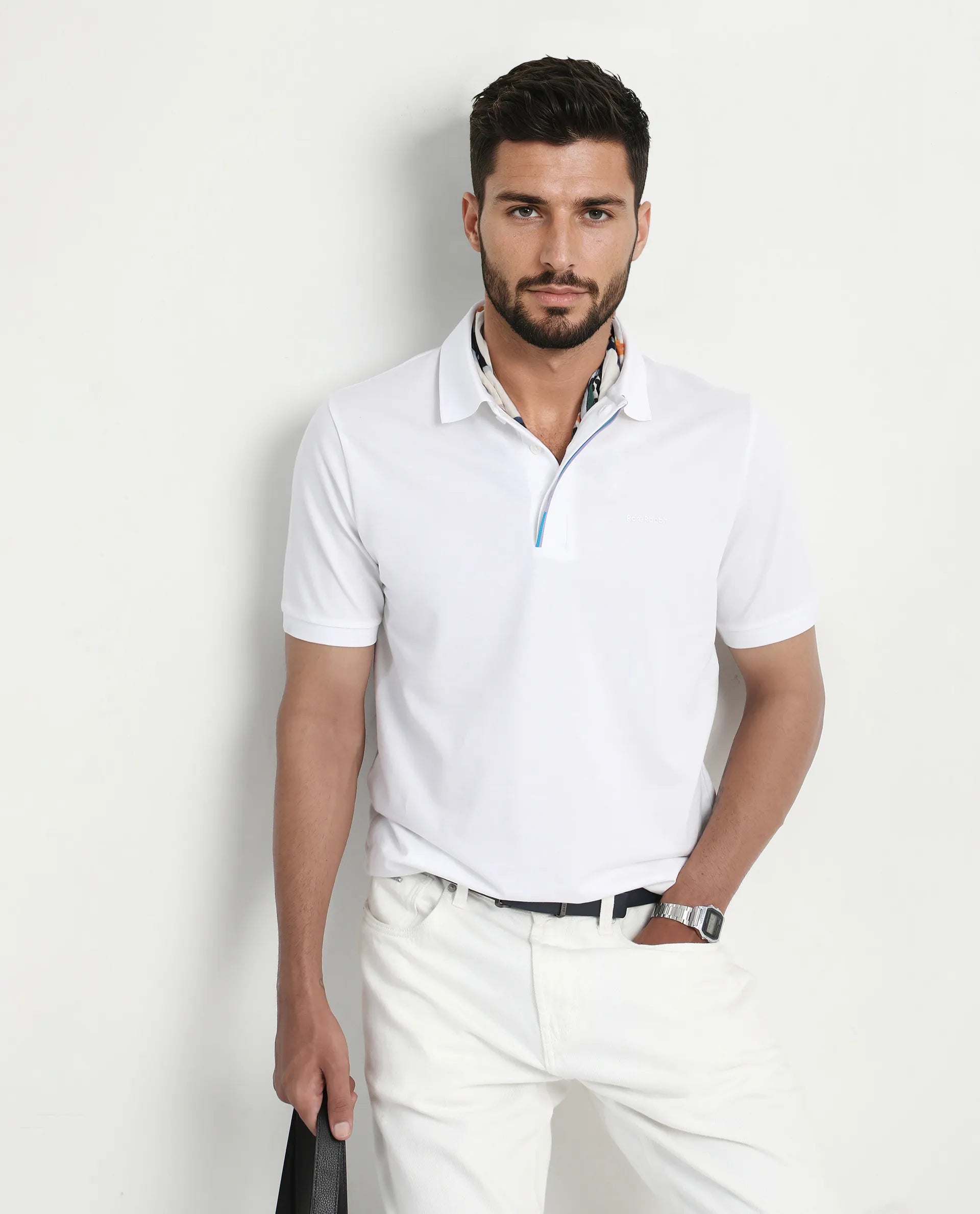 Rare Rabbit Men's Mor White Cotton Blend Plain Regular Fit Half Sleeve Polo