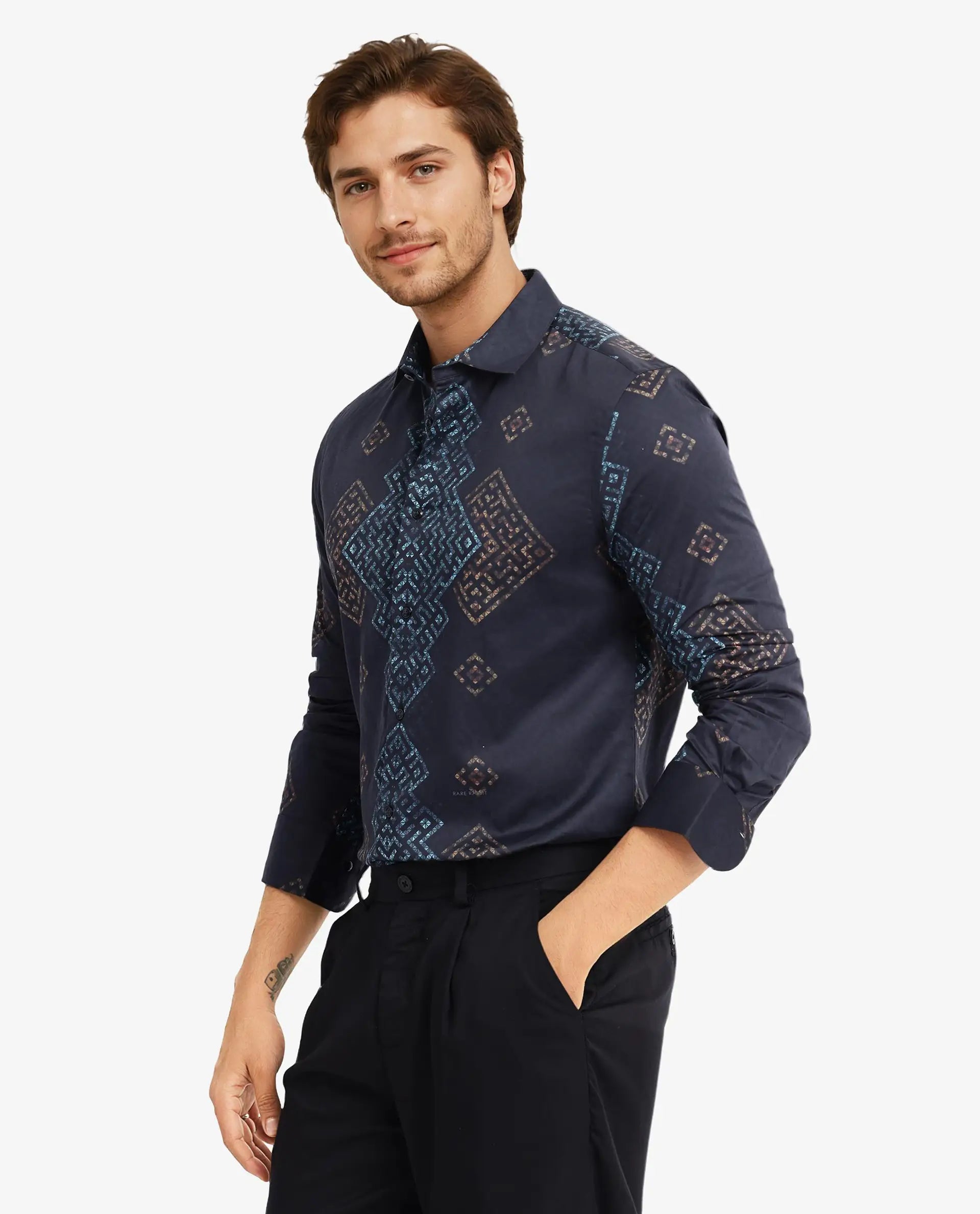 Rare Rabbit Men Mosac-1 Black Full Sleeve Regular Fit Shirt