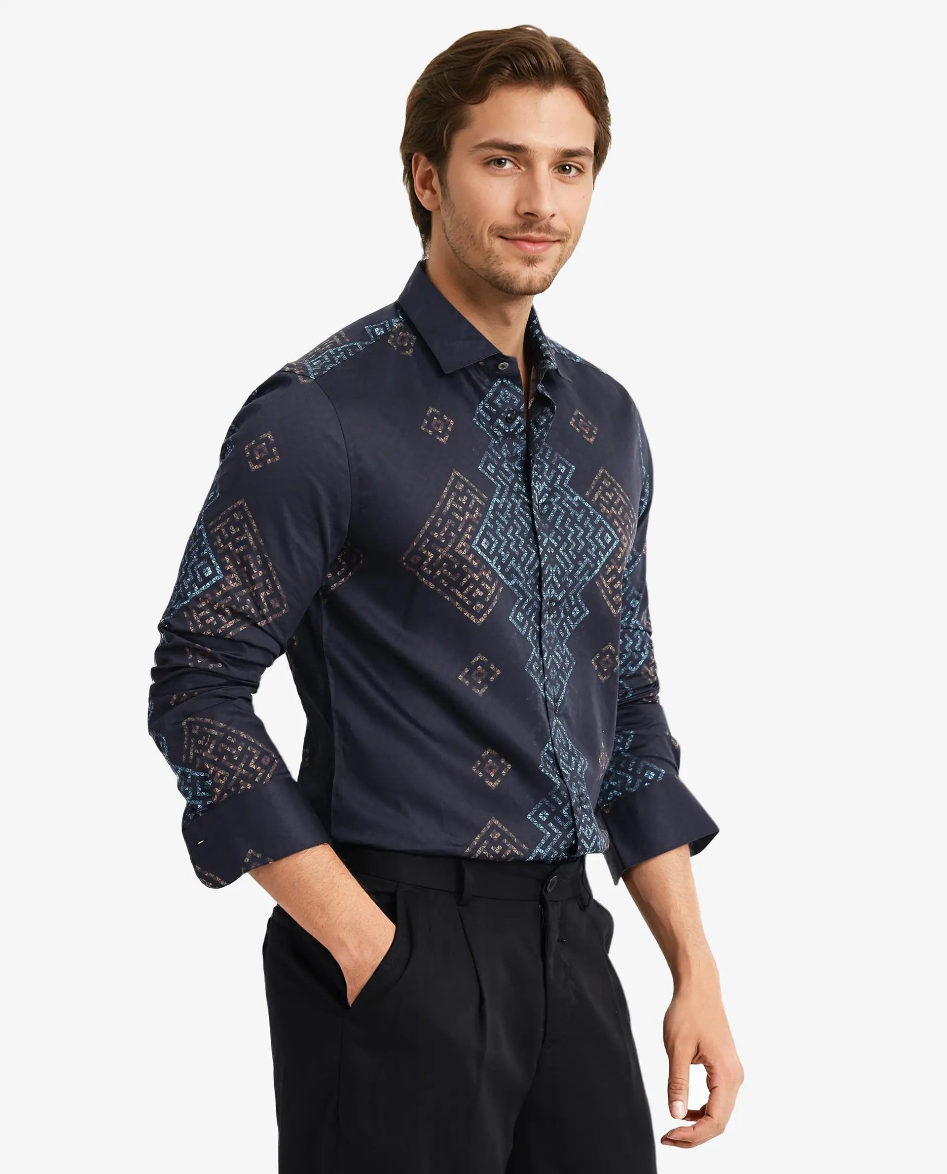 Rare Rabbit Men Mosac-1 Black Full Sleeve Regular Fit Shirt