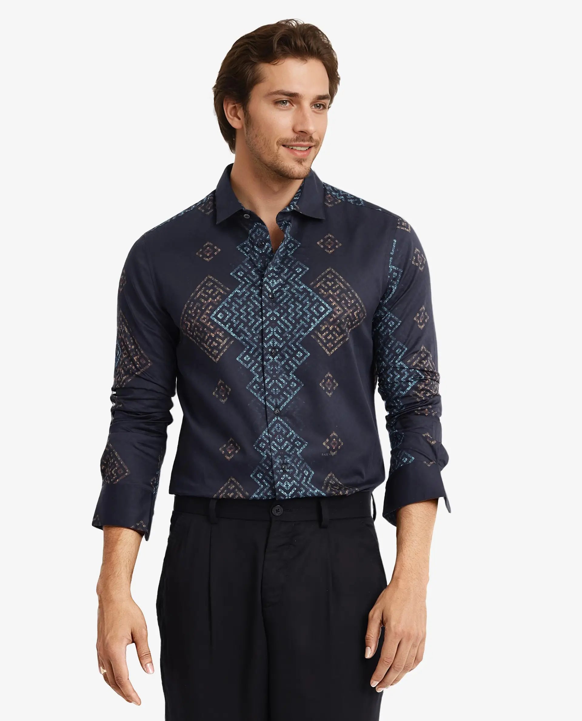 Rare Rabbit Men Mosac-1 Black Full Sleeve Regular Fit Shirt