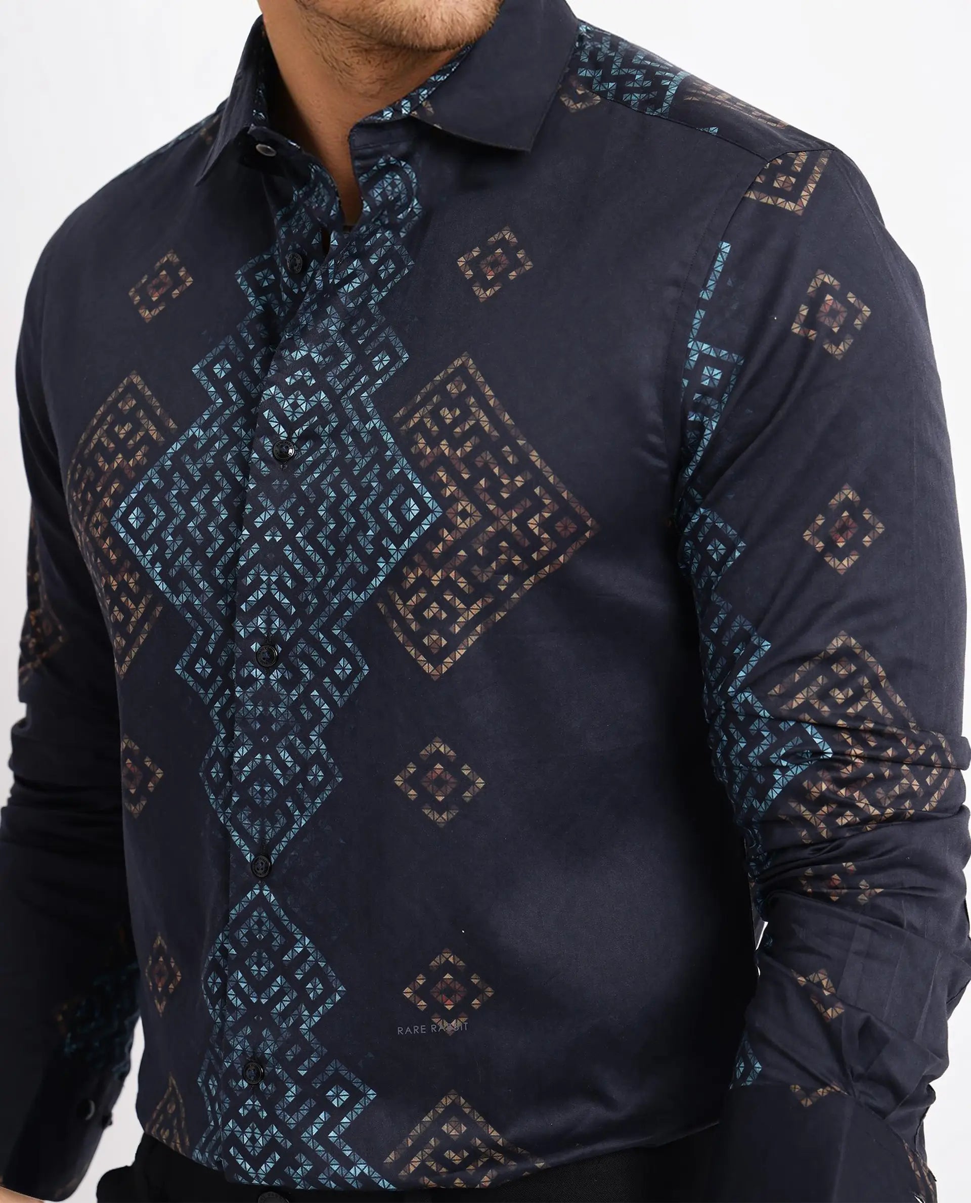 Rare Rabbit Men Mosac-1 Black Full Sleeve Regular Fit Shirt