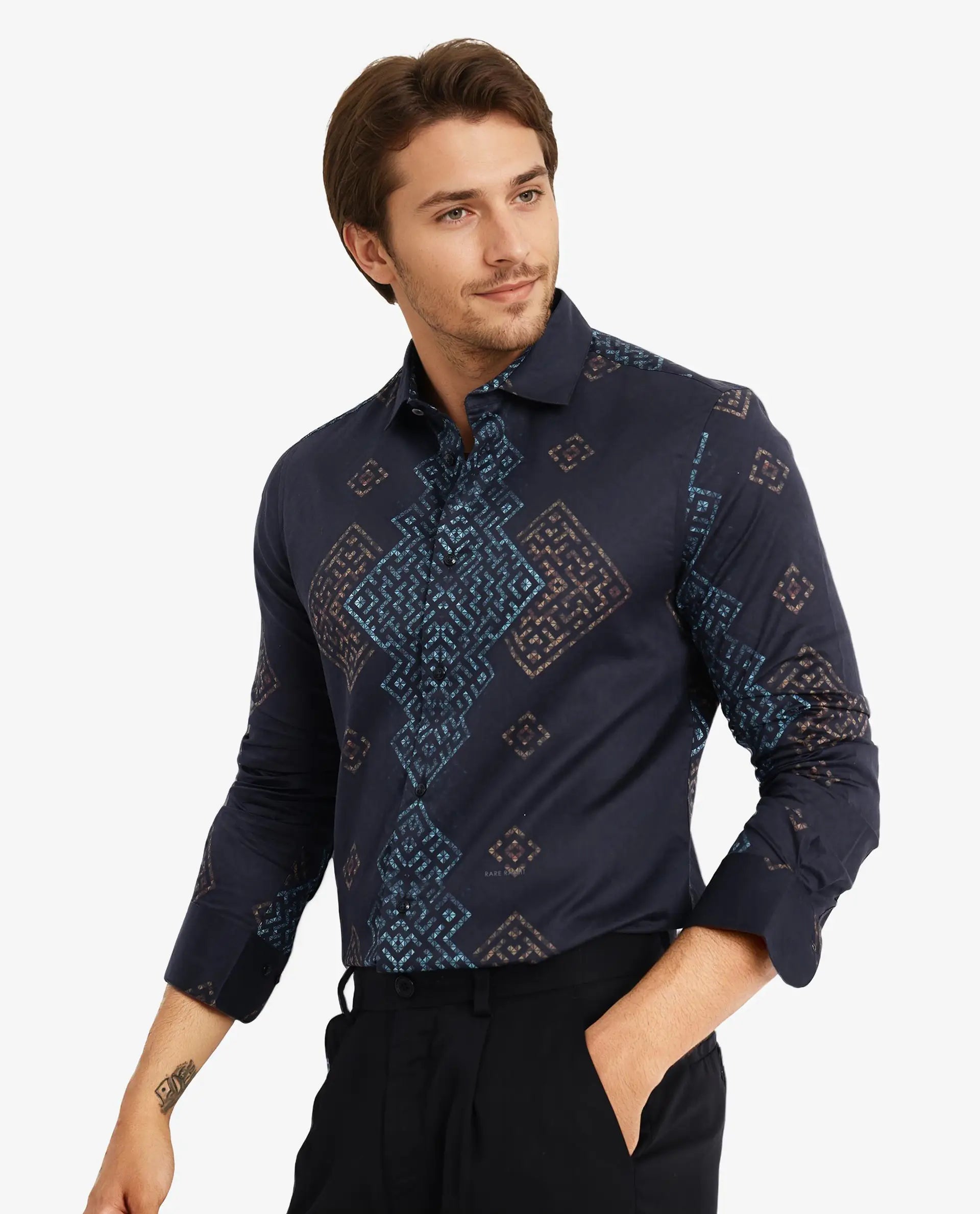 Rare Rabbit Men Mosac-1 Black Full Sleeve Regular Fit Shirt