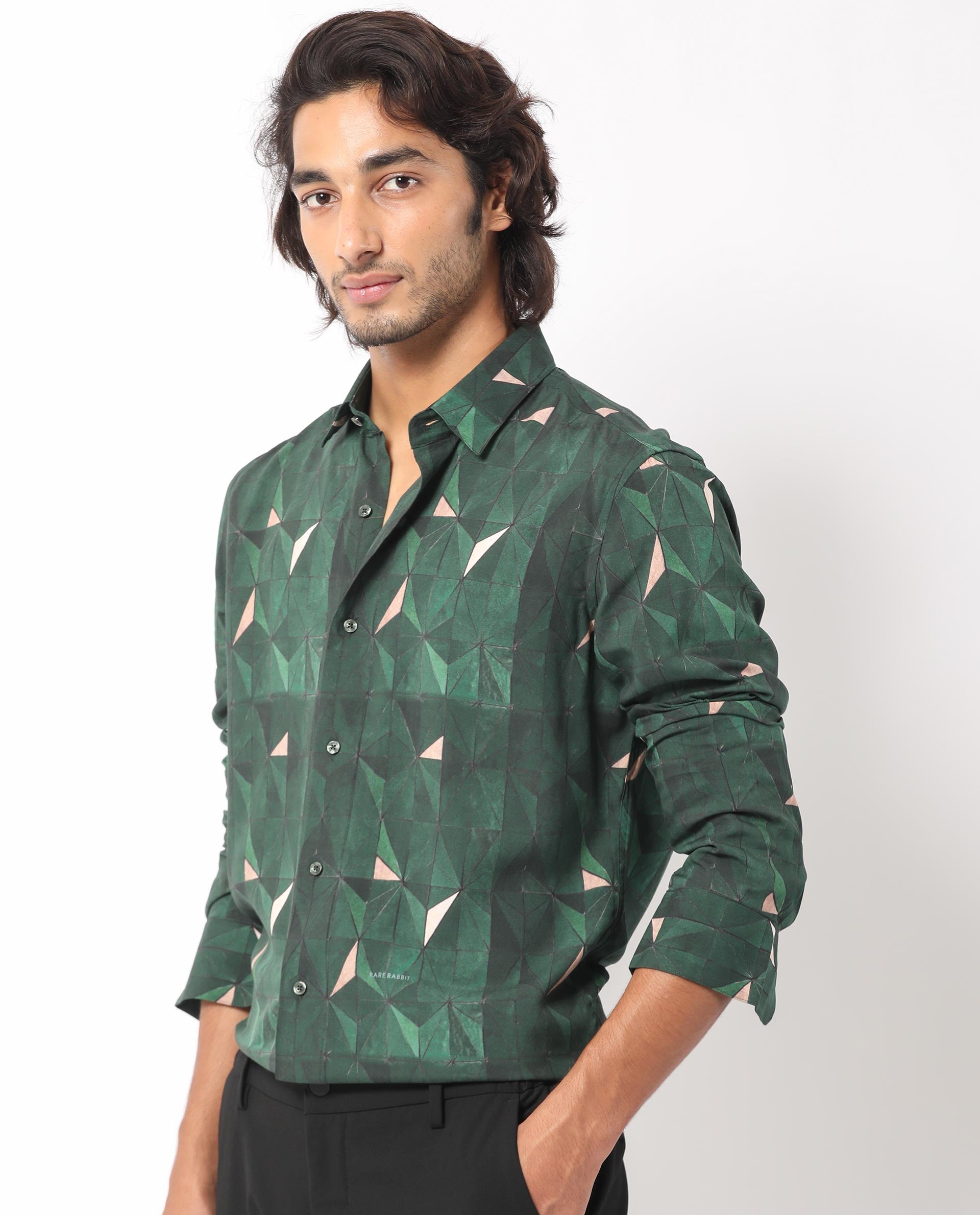 Rare Rabbit Men's Mose Green Viscose Fabric Geometric Print Full Sleeves Shirt