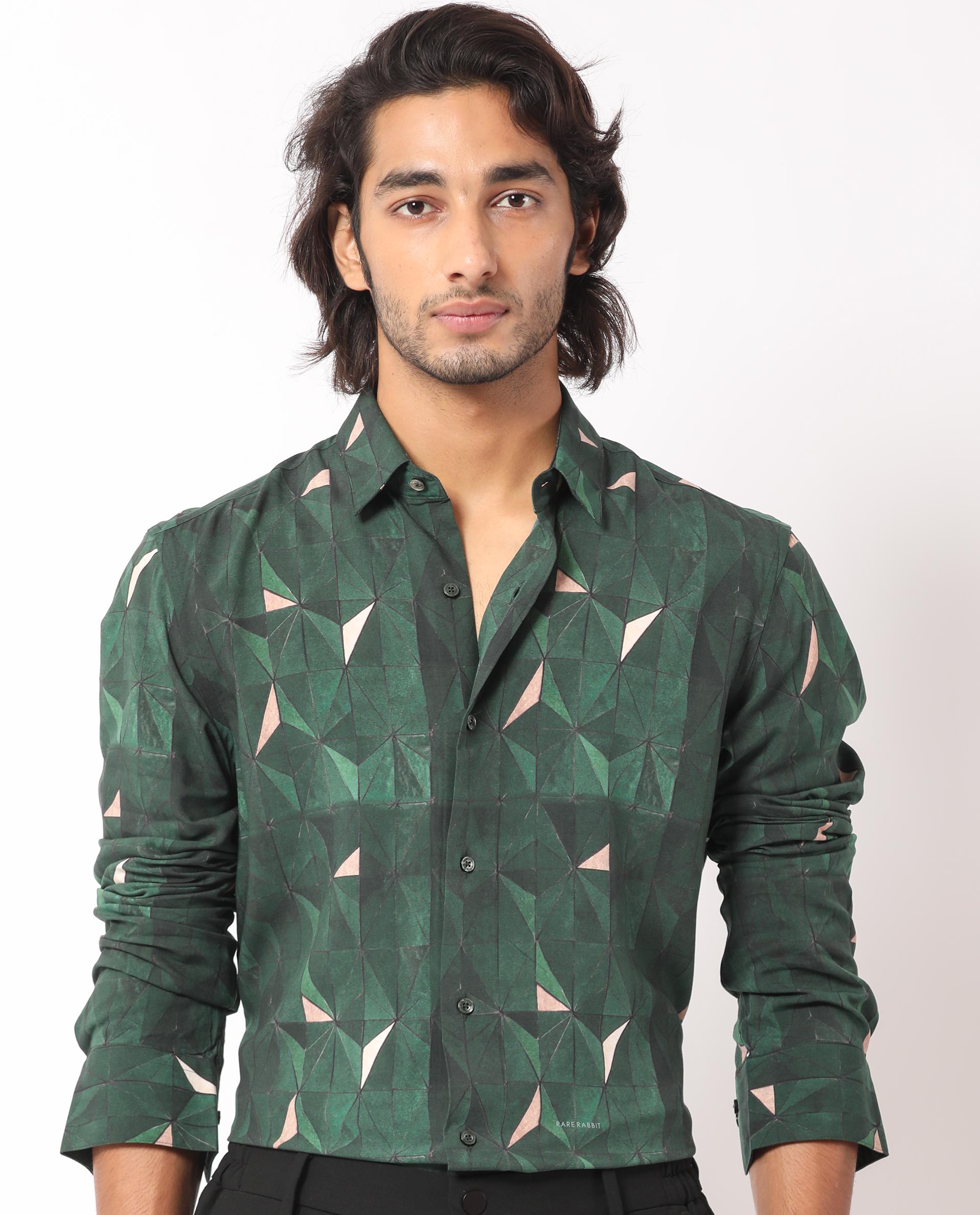 Rare Rabbit Men's Mose Green Viscose Fabric Geometric Print Full Sleeves Shirt