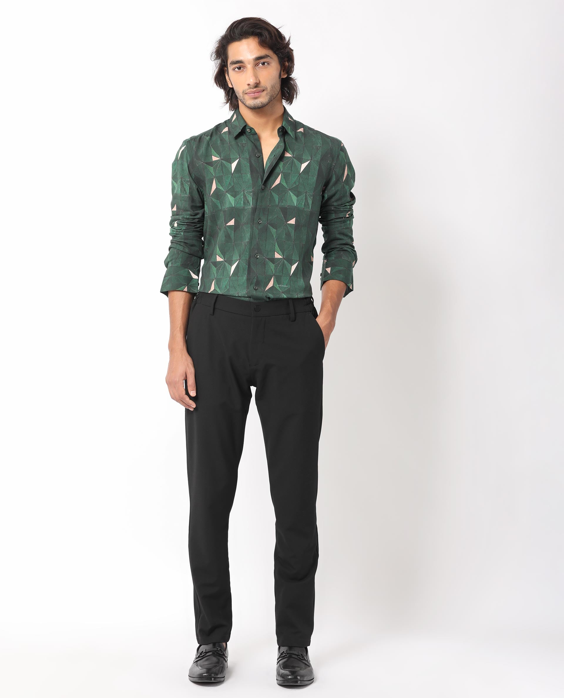 Rare Rabbit Men's Mose Green Viscose Fabric Geometric Print Full Sleeves Shirt
