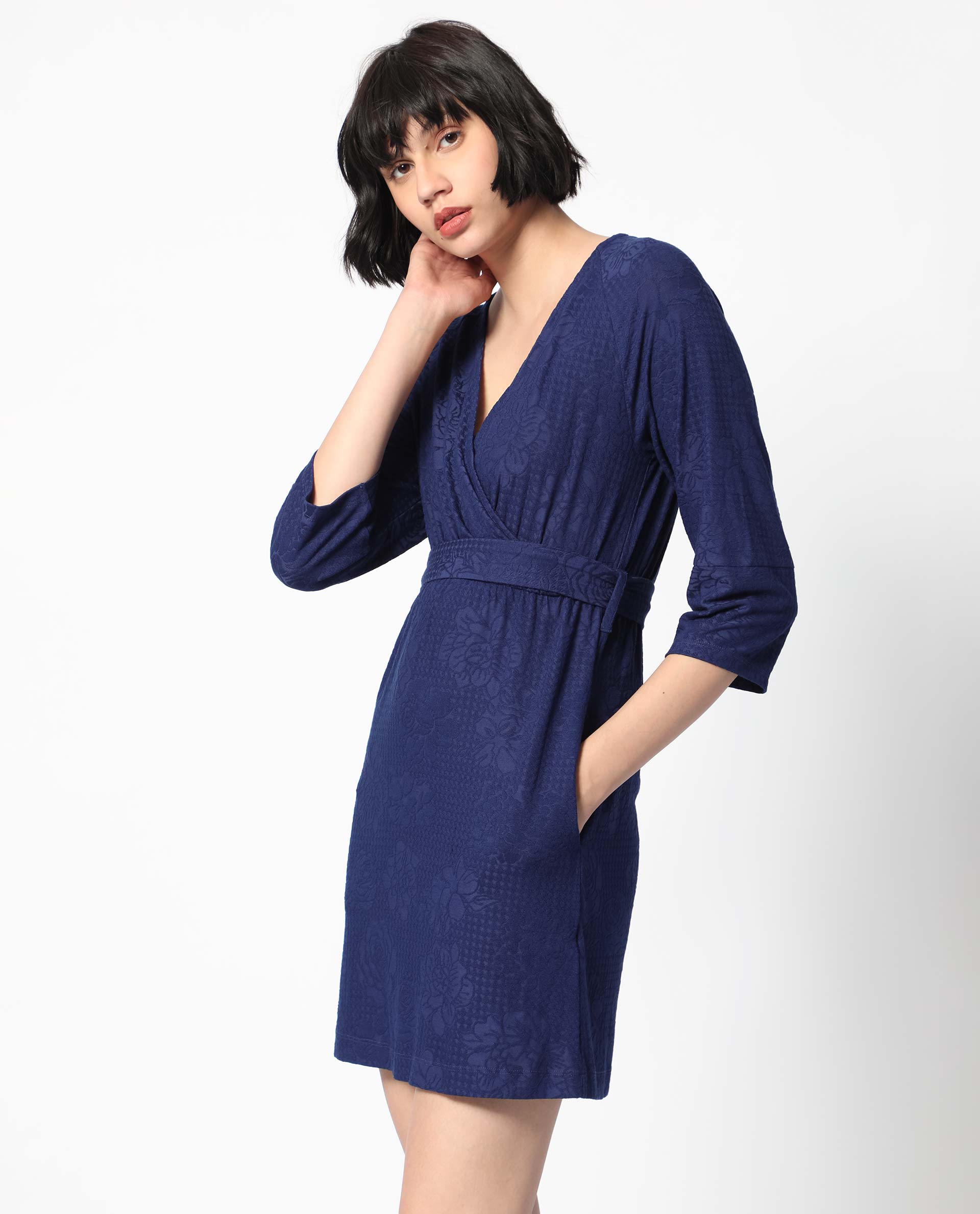 Rareism Women's Mose Navy Polyester Fabric V-Neck Tie-Up Closure 3/4Th Sleeve Floral Print Mini Dress