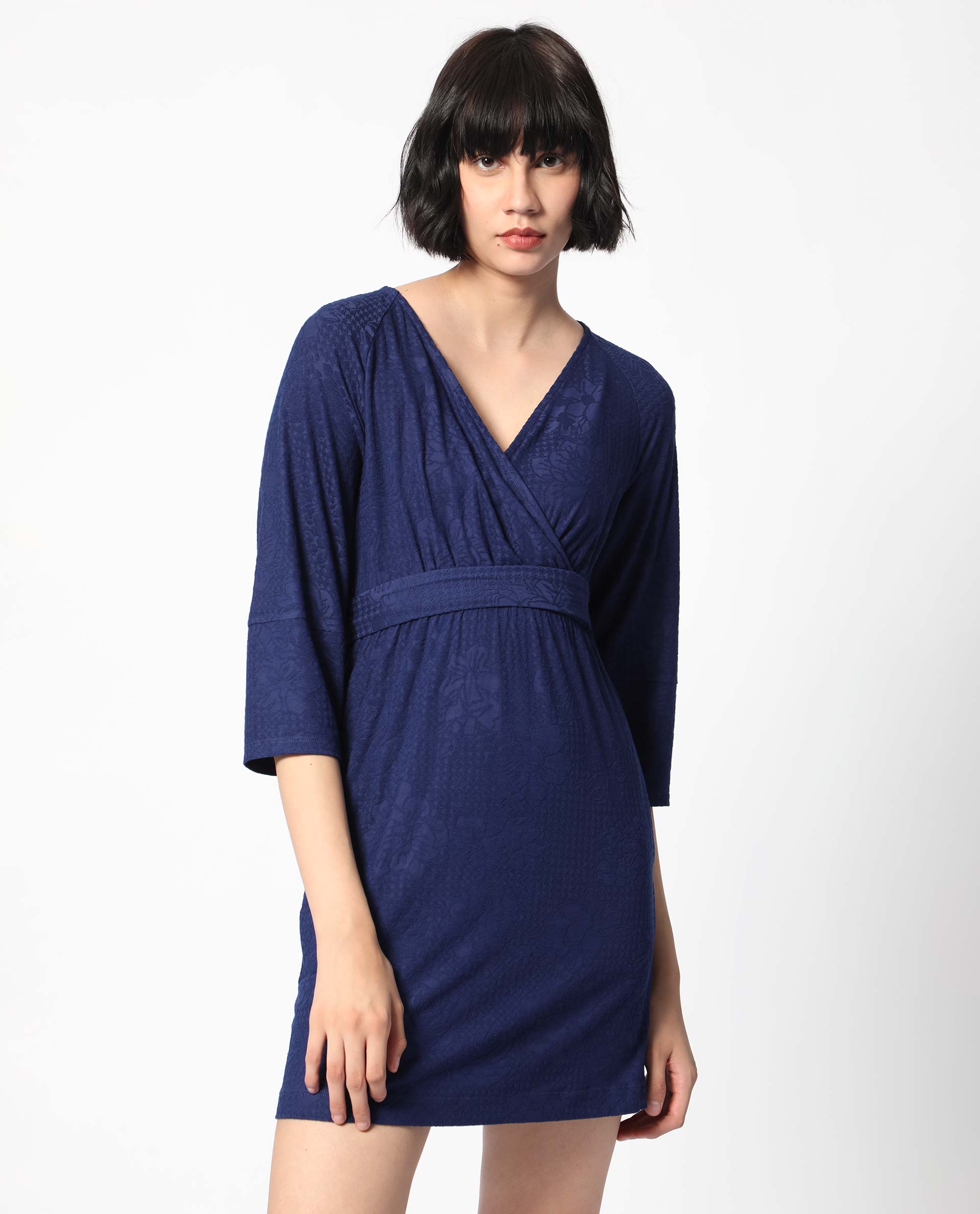 Rareism Women's Mose Navy Polyester Fabric V-Neck Tie-Up Closure 3/4Th Sleeve Floral Print Mini Dress