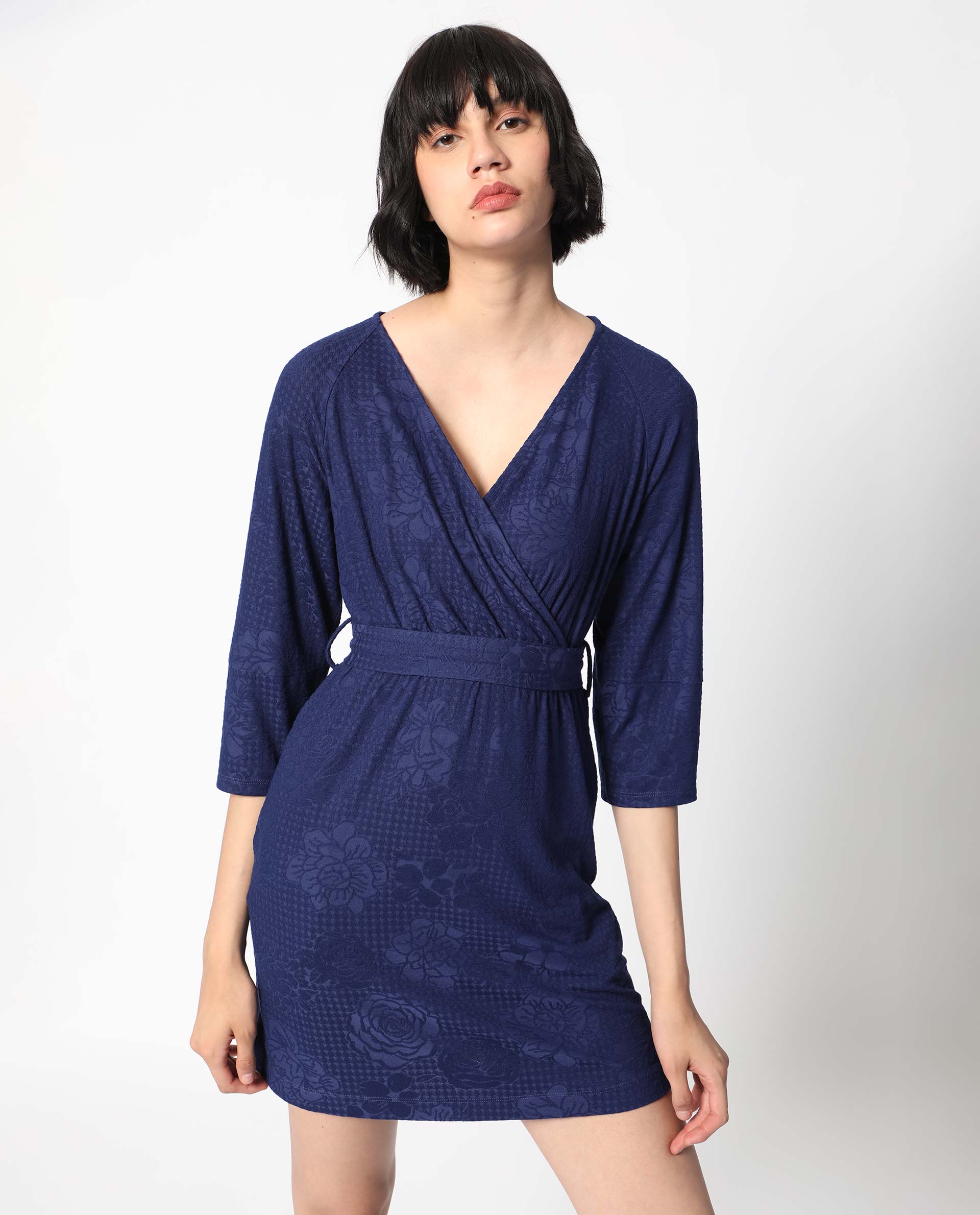 Rareism Women's Mose Navy Polyester Fabric V-Neck Tie-Up Closure 3/4Th Sleeve Floral Print Mini Dress