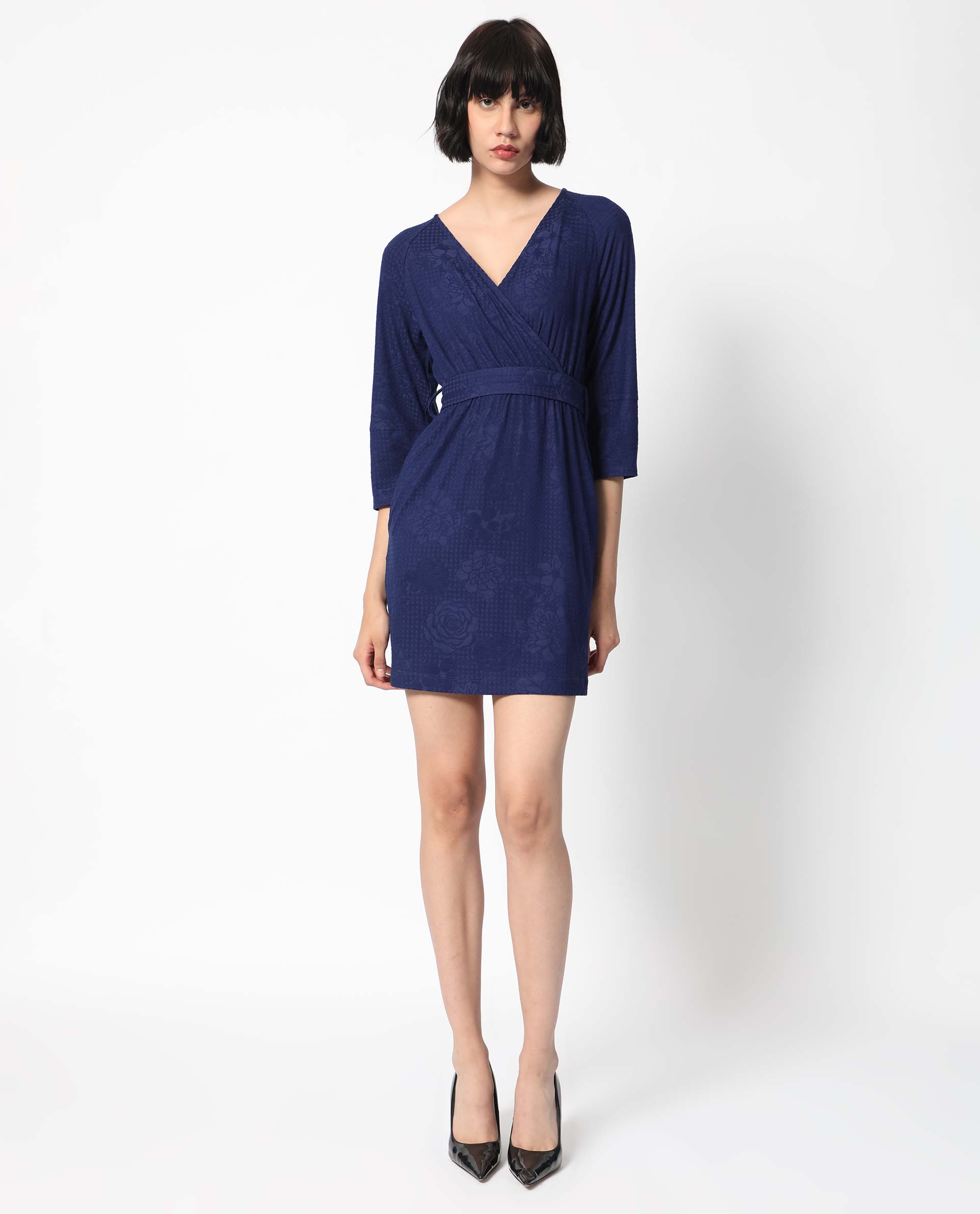 Rareism Women's Mose Navy Polyester Fabric V-Neck Tie-Up Closure 3/4Th Sleeve Floral Print Mini Dress