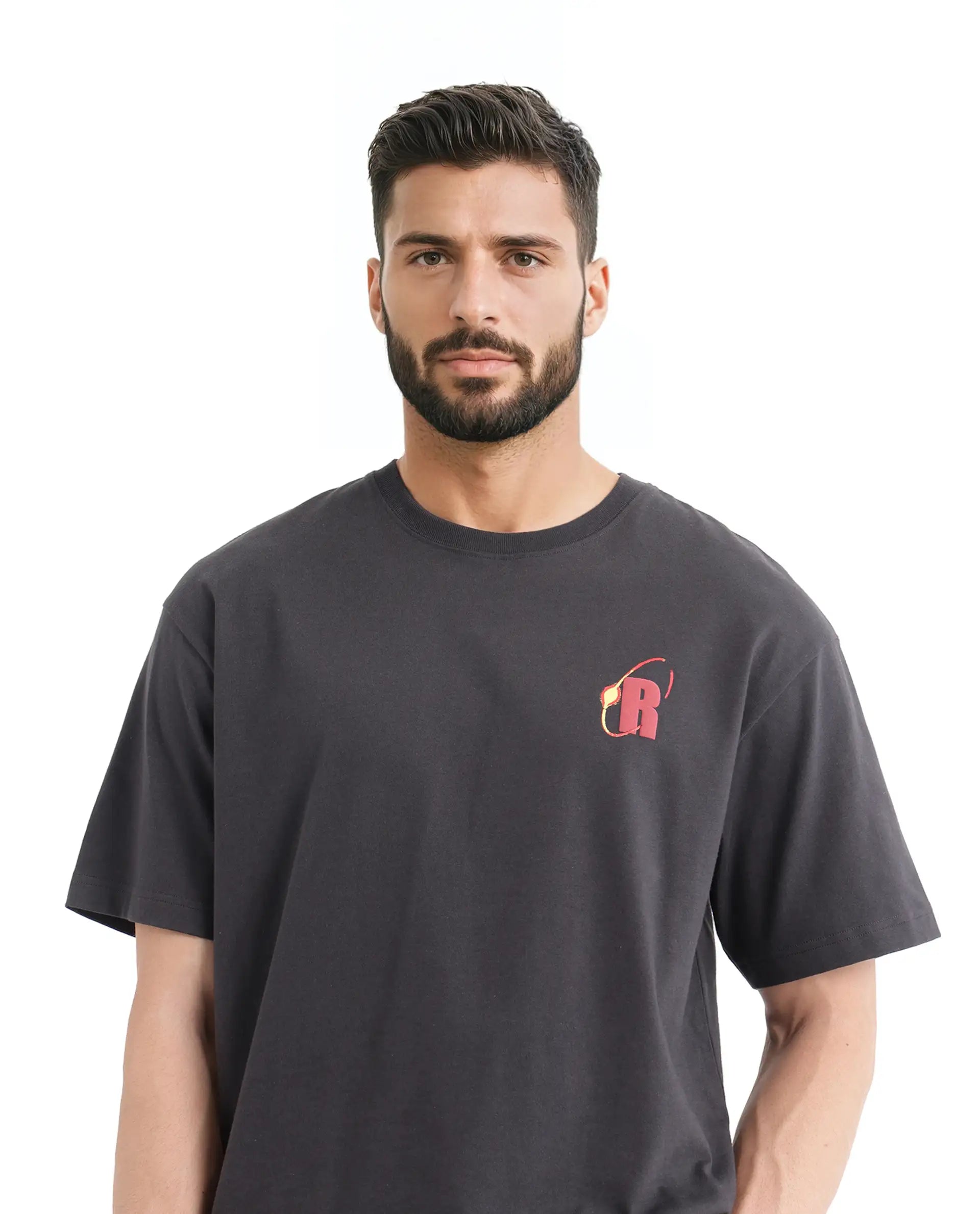 Rare Rabbit Men's Mosh Dark Grey Cotton Fabric Half Sleeve Crew Neck Oversized Fit Graphic Print T-Shirt