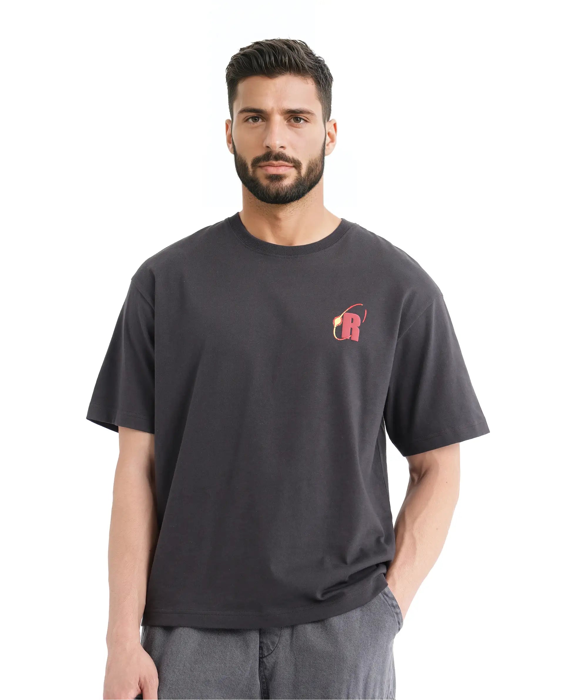 Rare Rabbit Men's Mosh Dark Grey Cotton Fabric Half Sleeve Crew Neck Oversized Fit Graphic Print T-Shirt