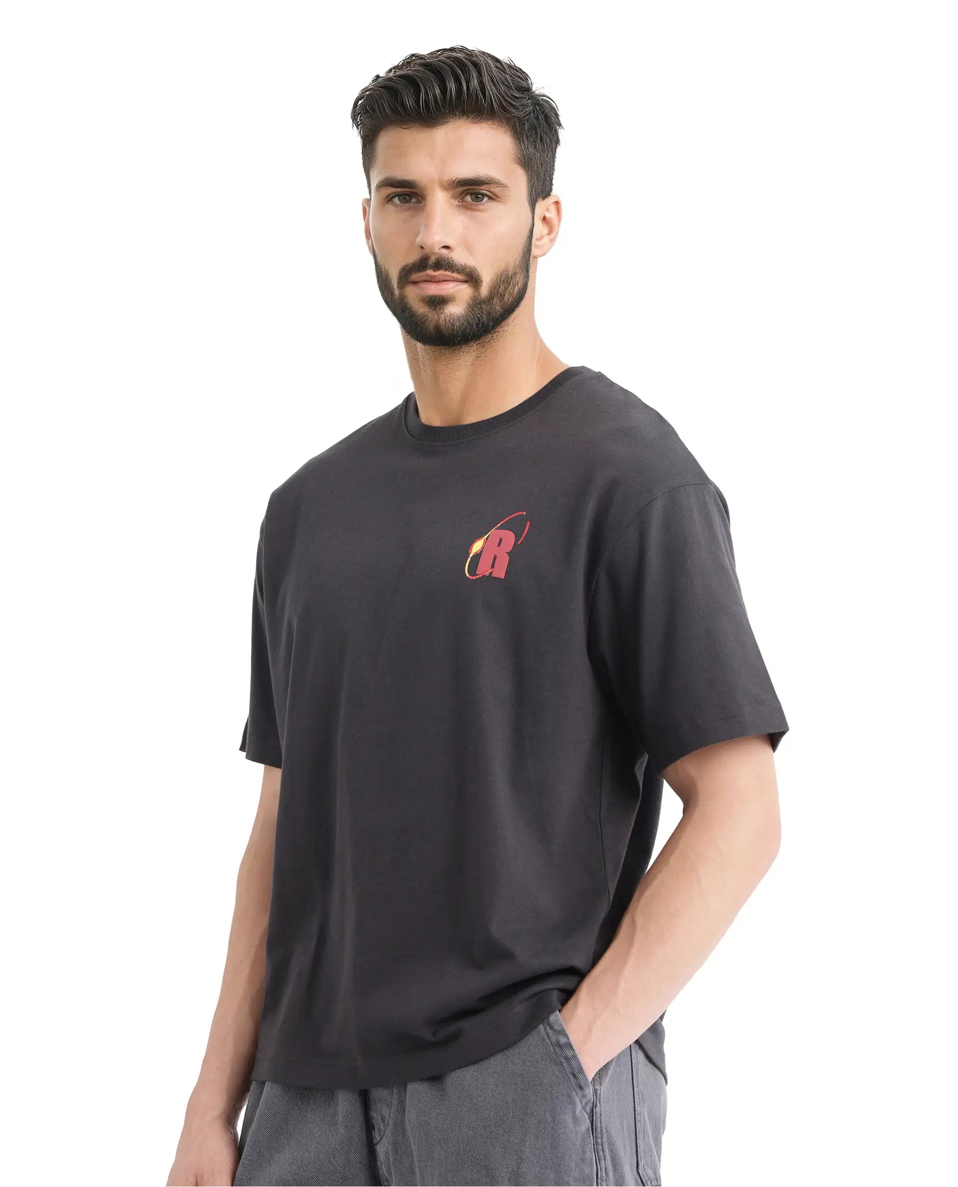 Rare Rabbit Men's Mosh Dark Grey Cotton Fabric Half Sleeve Crew Neck Oversized Fit Graphic Print T-Shirt